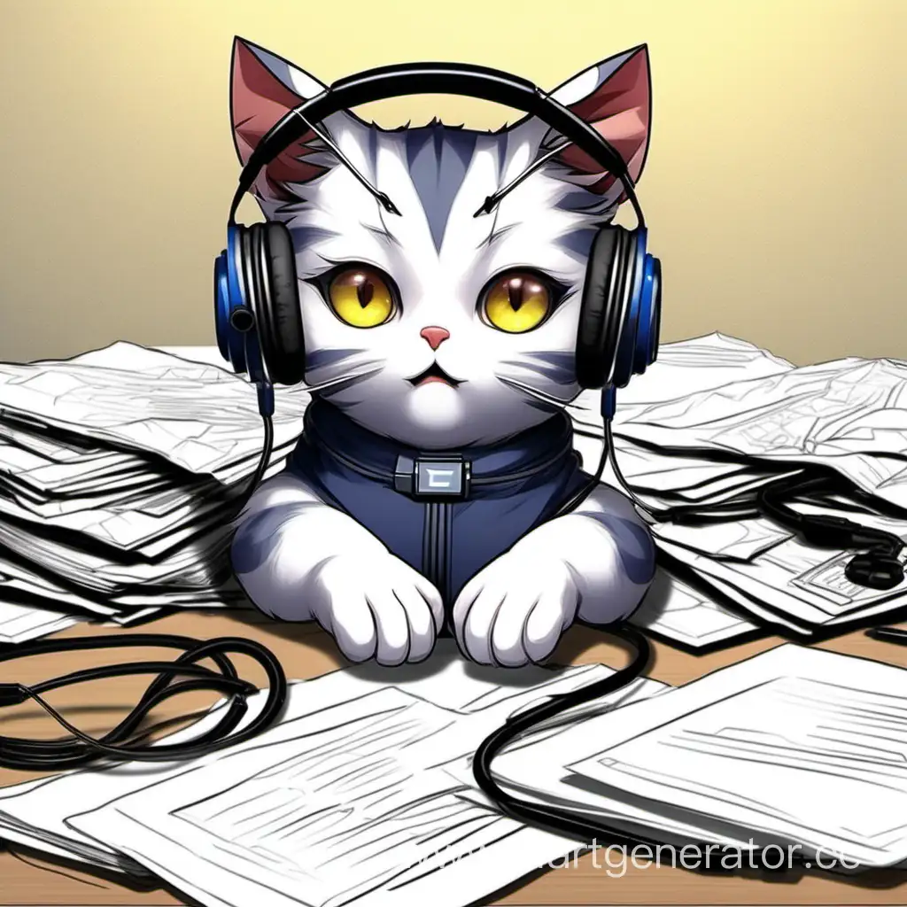 Кот сложив руки за столом, с гарнитурой в одном из ухе, на фоне листы бумаги