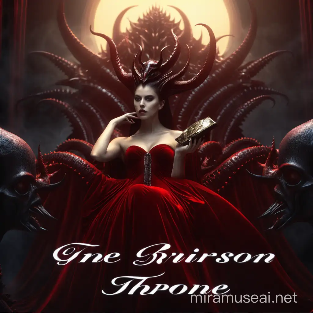 Sinister Temptation Devil in Red Dress Amid Foreboding Cinematic Background