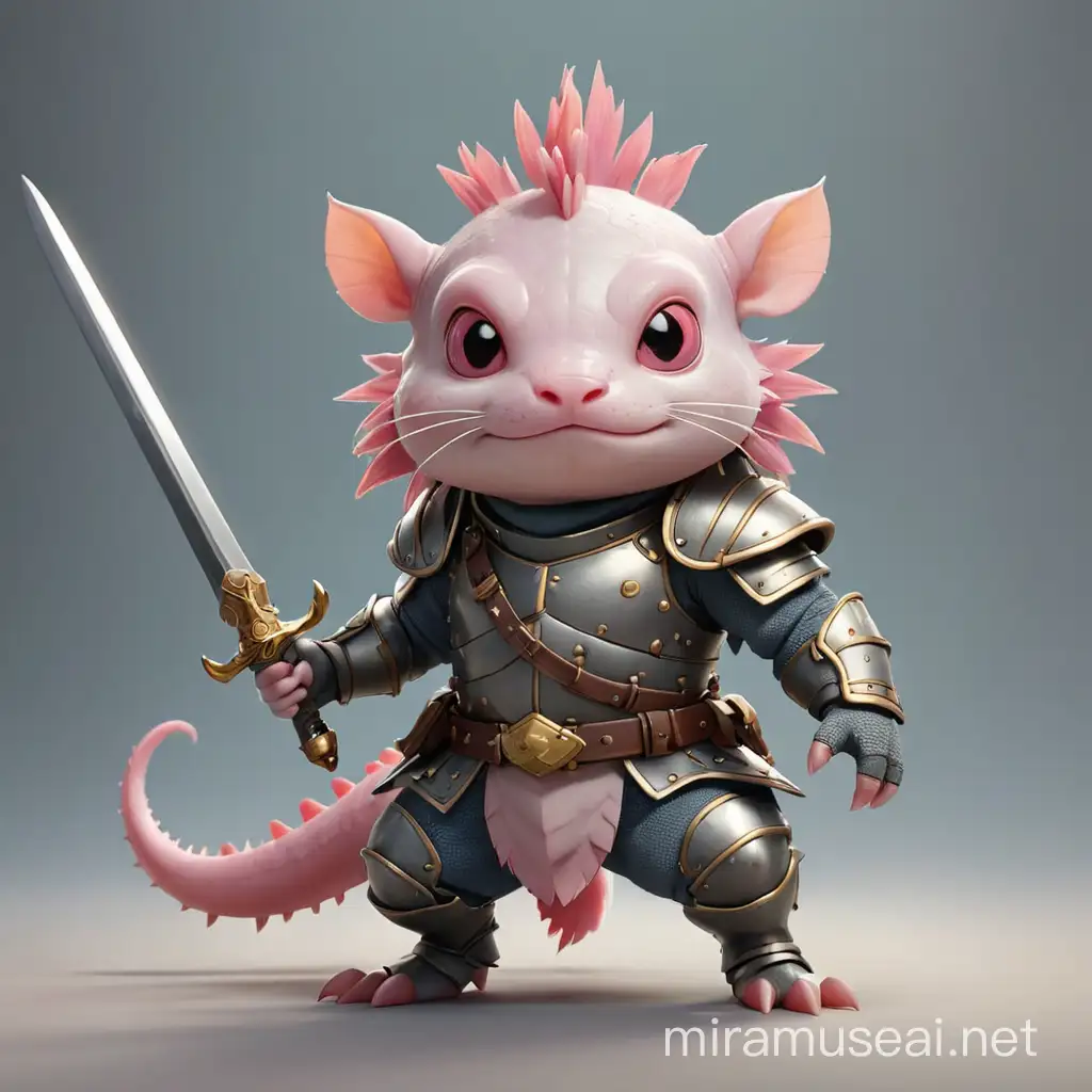 Armored Cartoon Axolotl with Sword on Clear Background