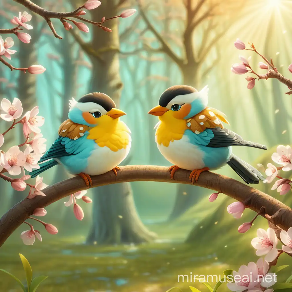 two birds sit on a branch of a spring forest and bask in the sun