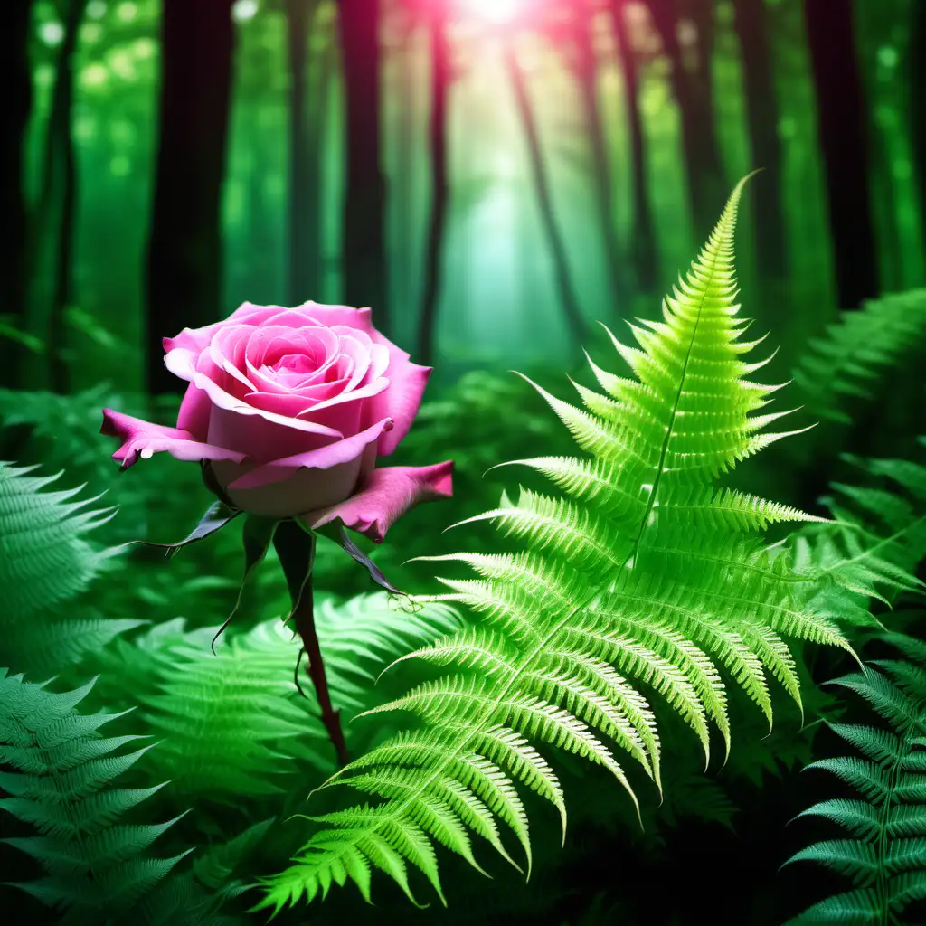 a pink rose is growing beside bright green ferns in a forest, the pink rose has an atmosphere of deep fantasy, blossoming, spiritual light, of spring time