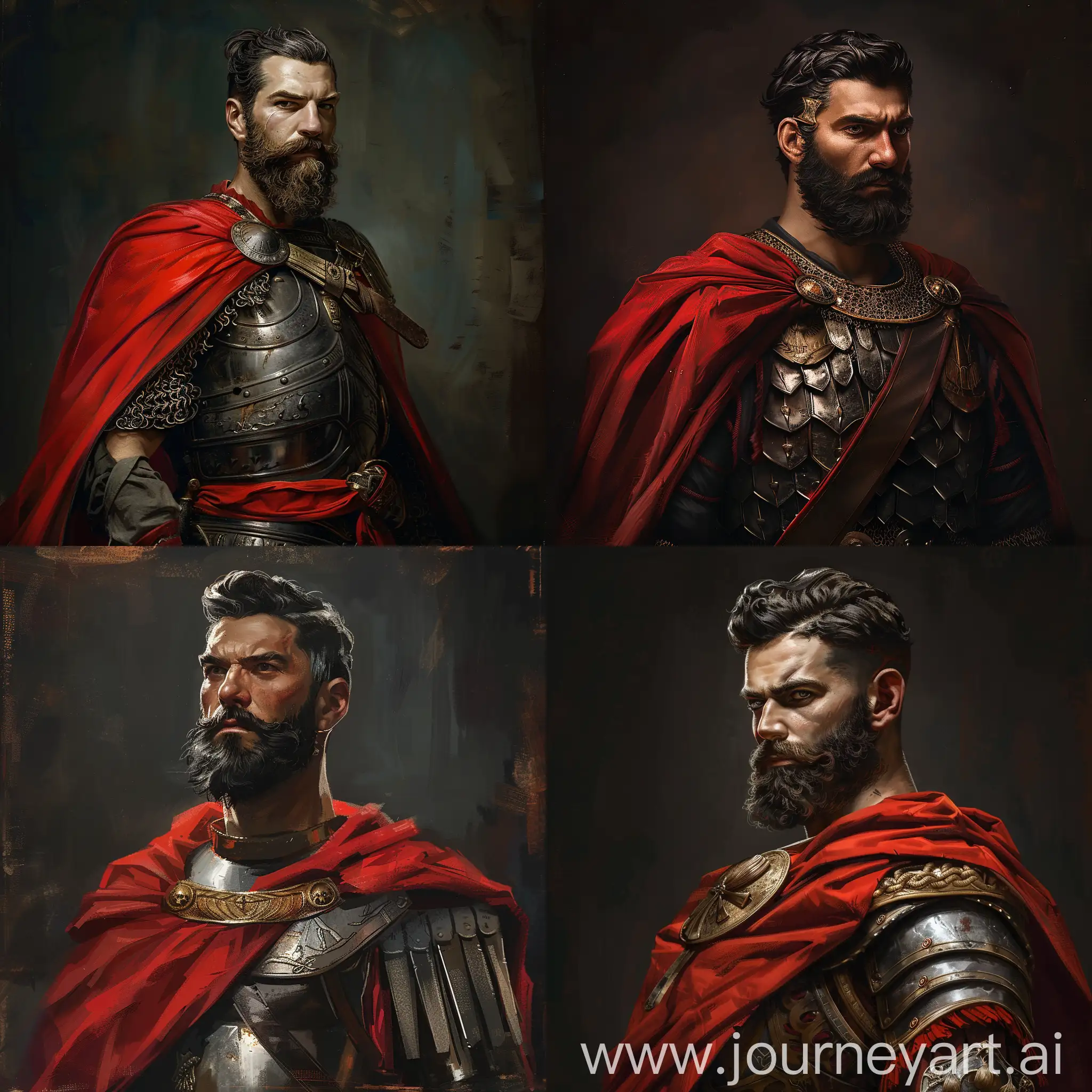 Portrait of Byzantine General Belisarius, depicted in Byzantine armor, red cape, ducktail beard, medium bobbed cut hairstyle, prominent face, brave, cinematic lighting