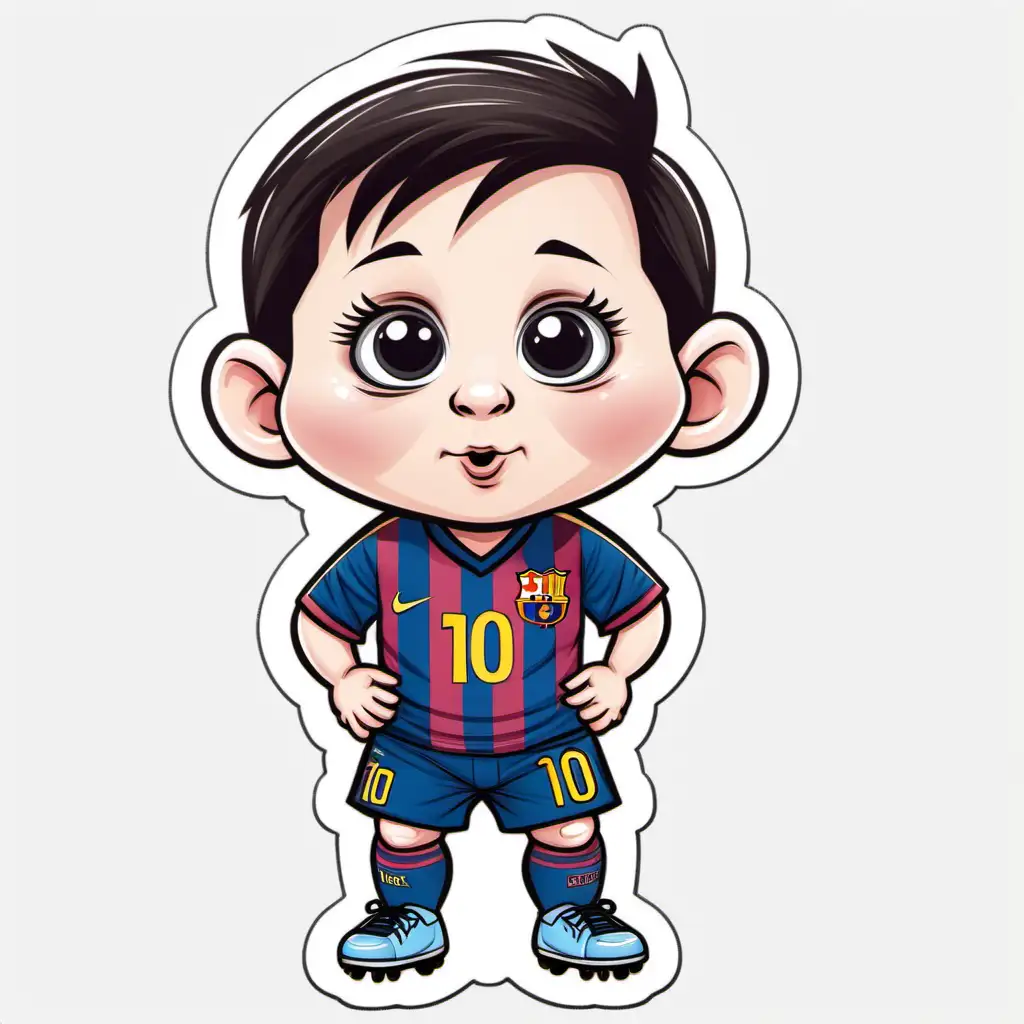 Baby Lionel Messi, tiny but determined, wide eyes sparkling with football dreams. Rosy cheeks, a tuft of dark hair, clutching a miniature soccer ball and sucking on a pacifier, cartoon sticker style.
