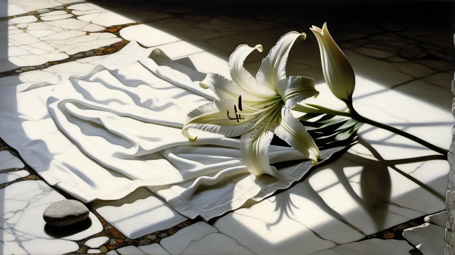 Ethereal White Lily on Marble A Tribute to Serenity in Andrew Wyeth Style