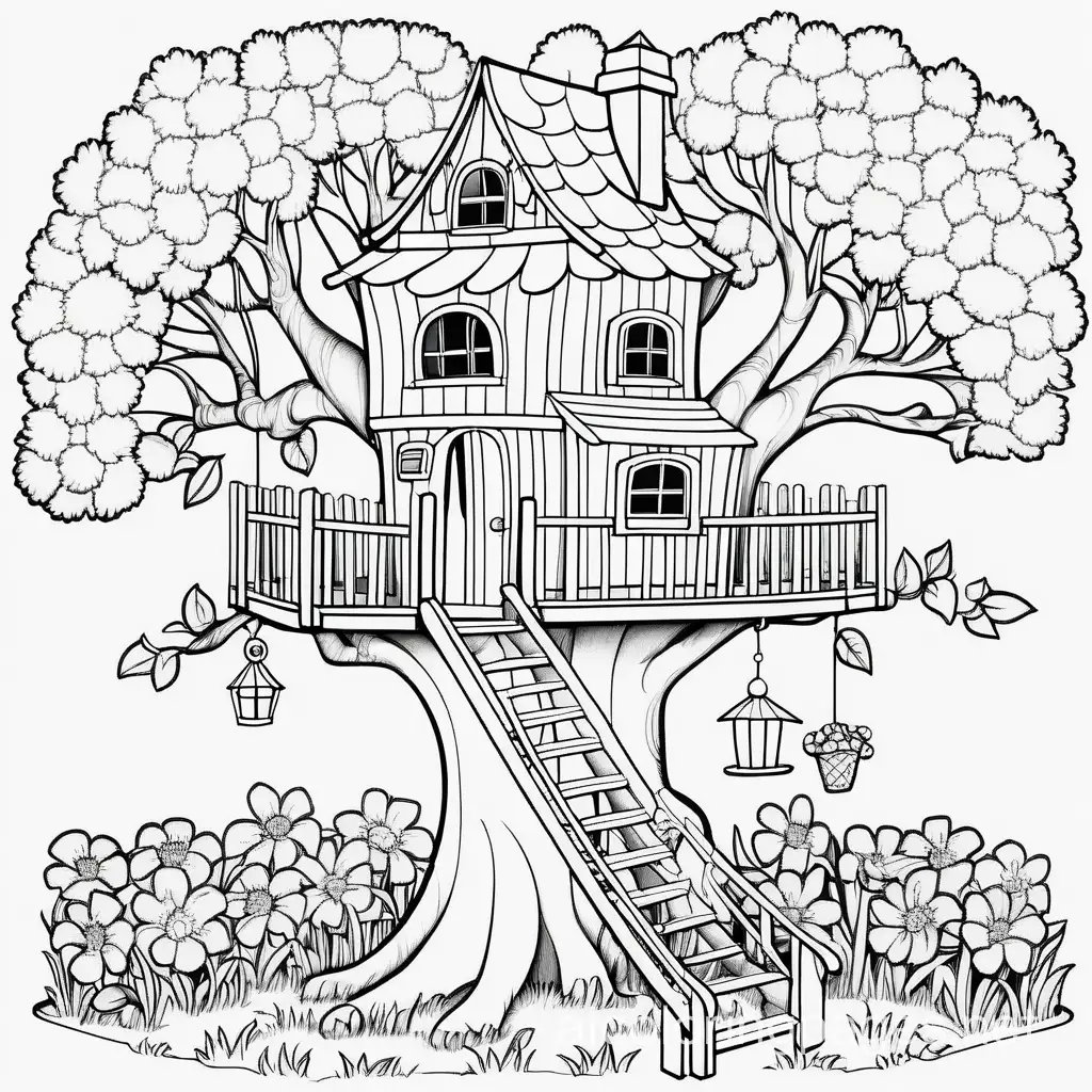 tree house  in a  grarden with  flowers, Coloring Page, black and white, line art, white background, Simplicity, Ample White Space. The background of the coloring page is plain white to make it easy for young children to color within the lines. The outlines of all the subjects are easy to distinguish, making it simple for kids to color without too much difficulty