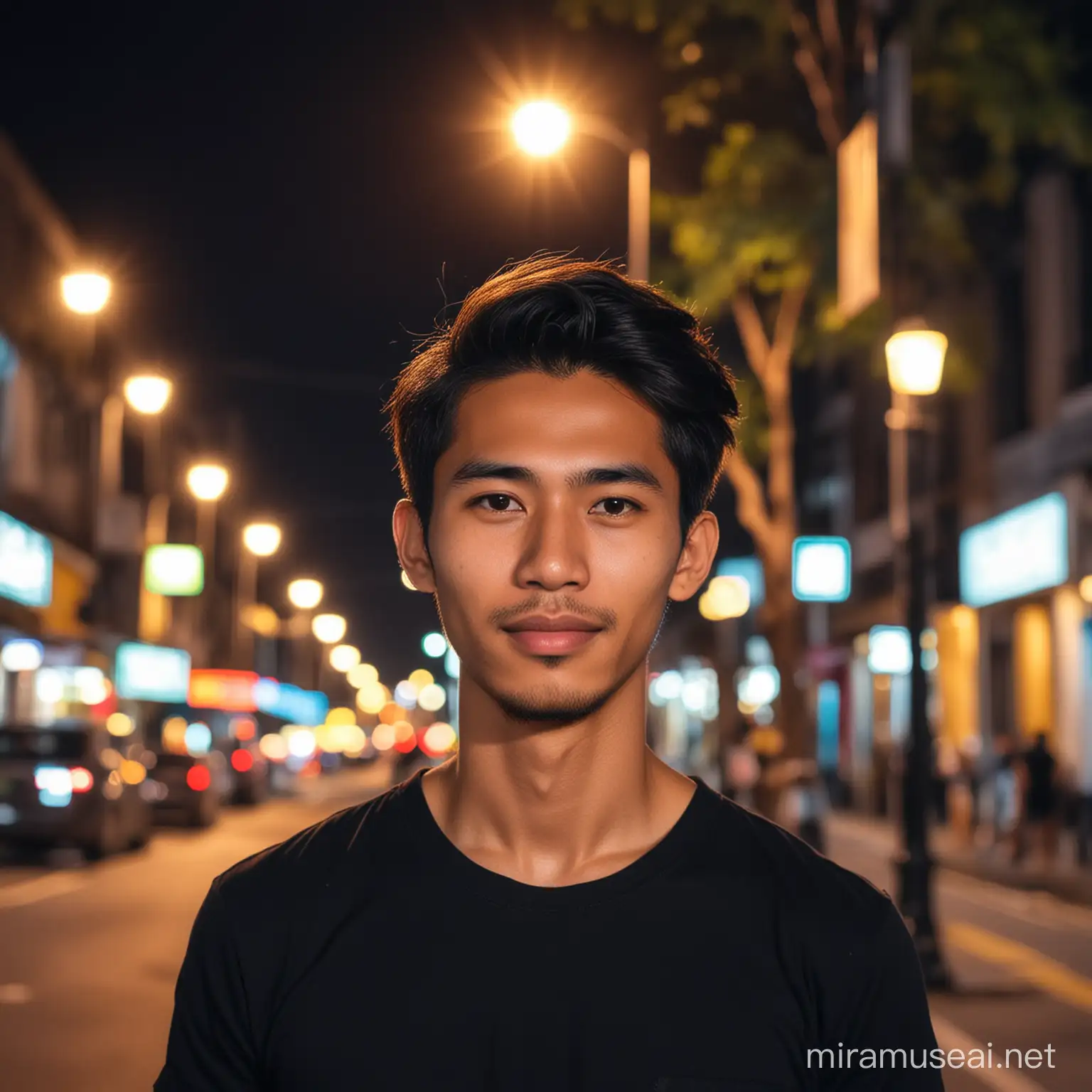 Foto normal pria indonesia umur 25 tahun, rambut medium, pakai baju hitam, lokasi jalan malam hari, latar belakang cahaya lampu warna warni, bokeh.