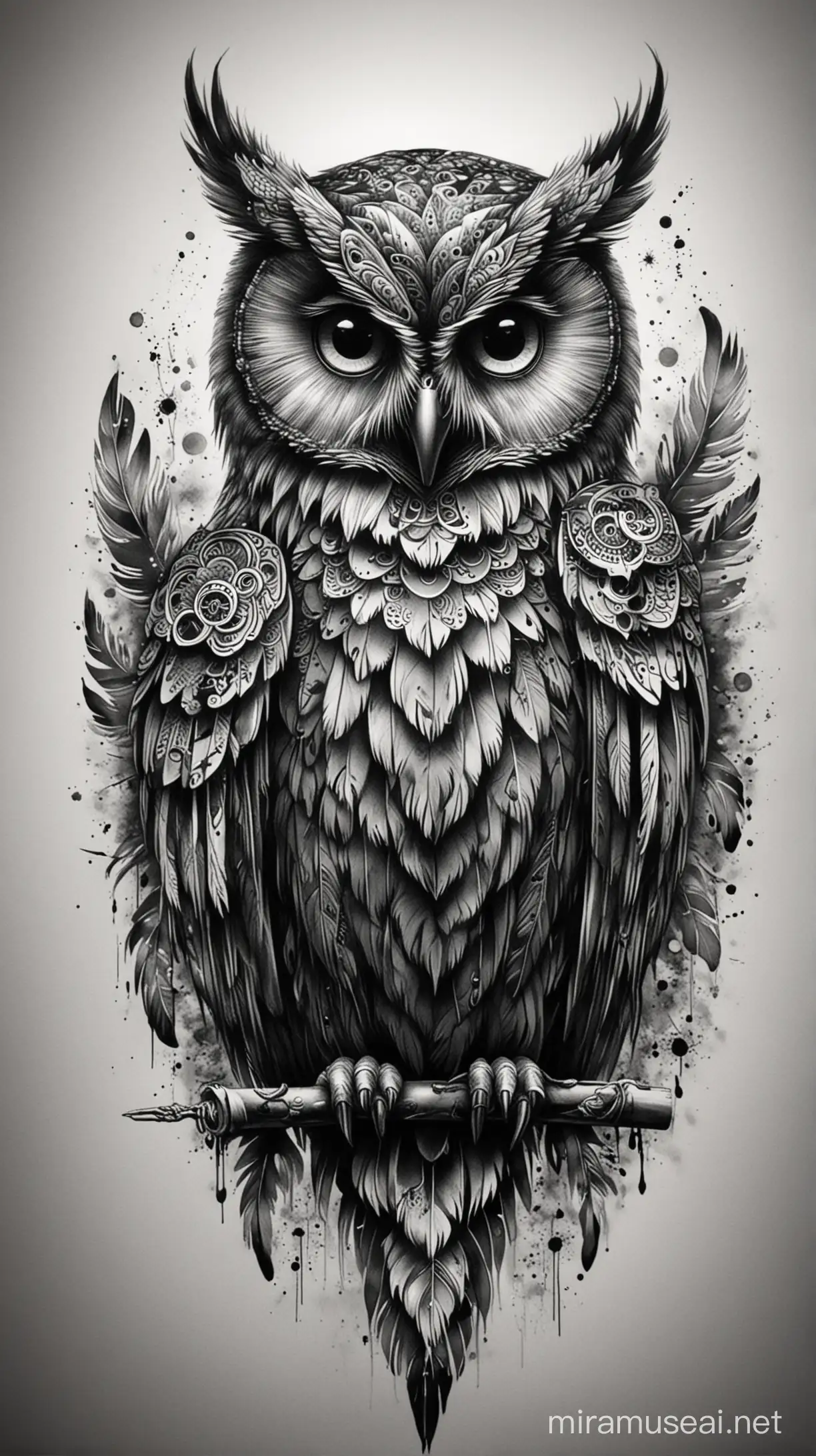 an owl with metal feathers art black and white tattoo