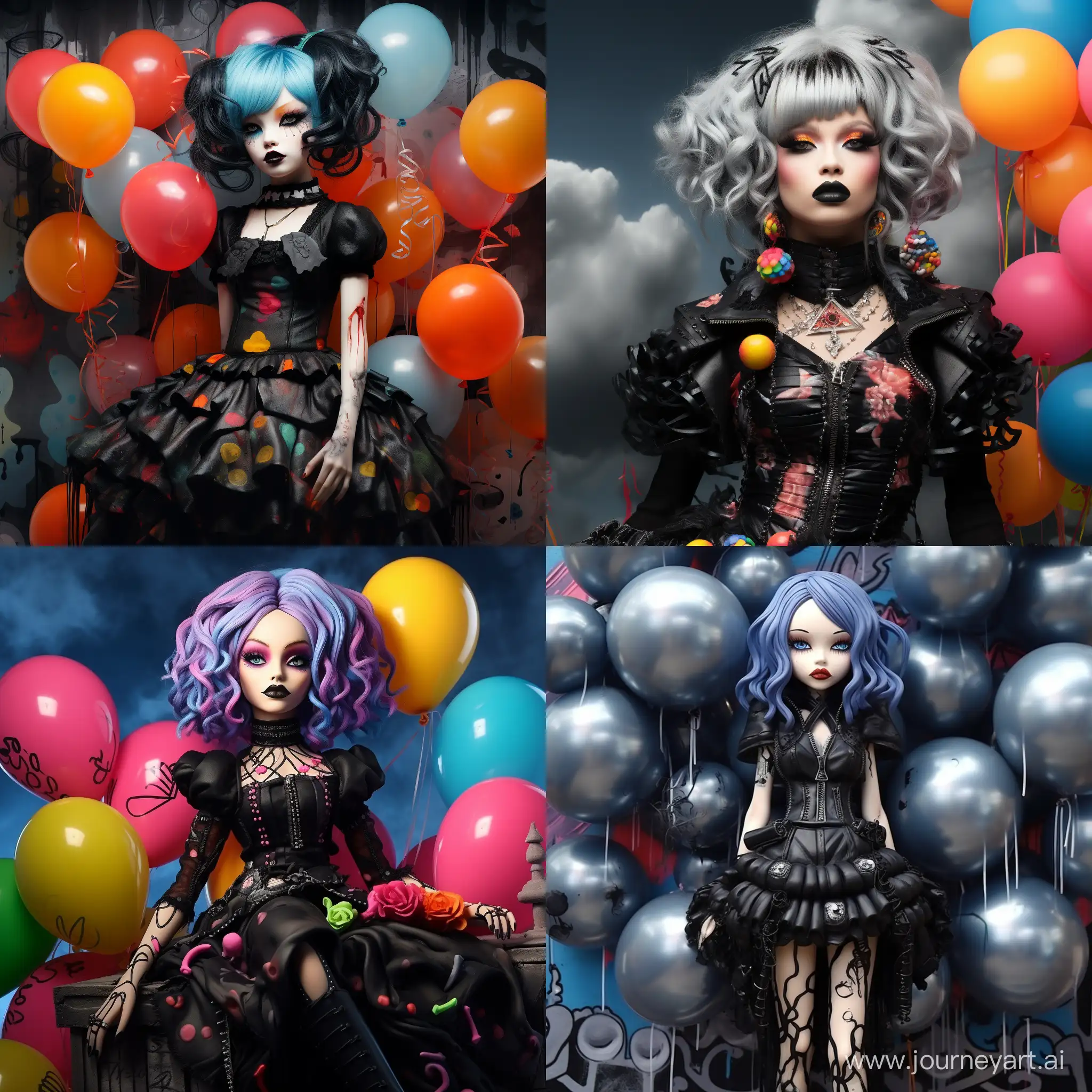 Gothic-Fashion-Doll-BJD-Illustration-with-Bright-Balloons-and-Neon-Graffiti