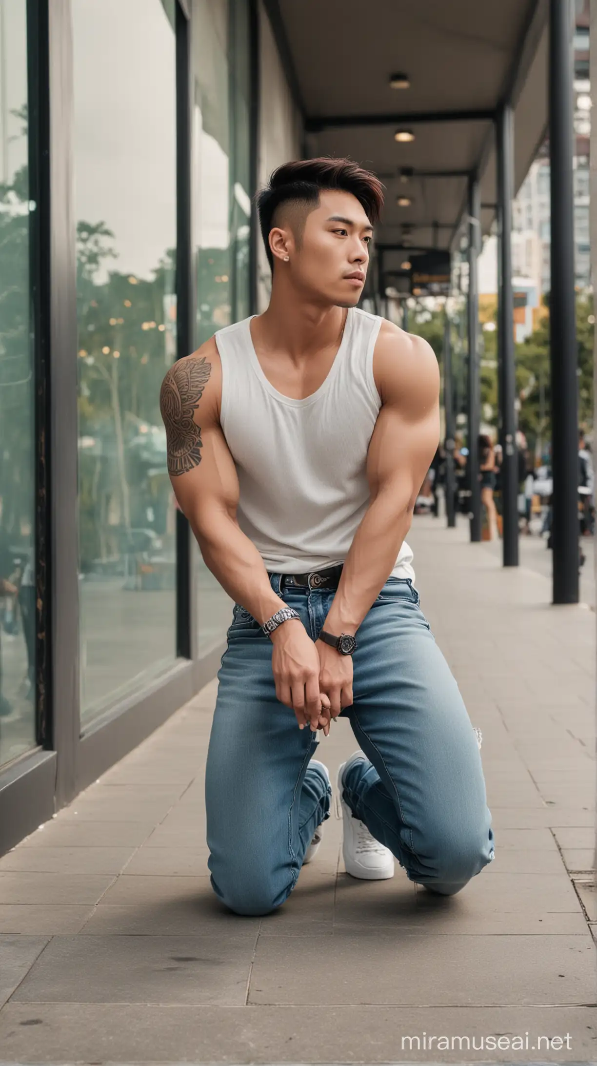 Stylish Asian Man Posing with Cigarette in Urban Setting