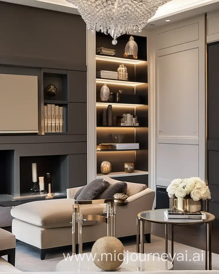 Luxury living room with built in bookshelf with accessories. Neutral colour pallete. Crystal chandelier 