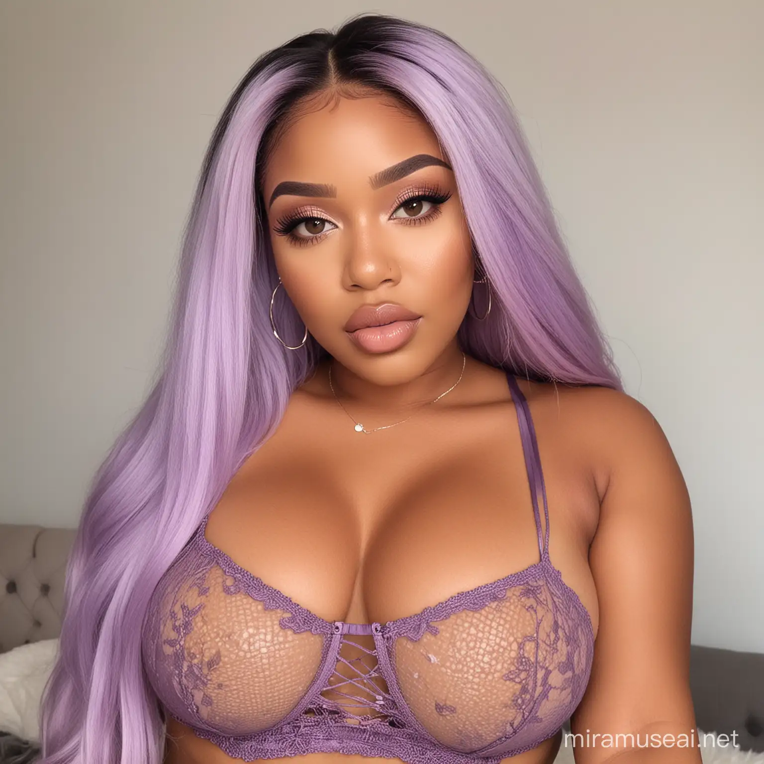 Image prompt/: generate pictures of a light skinned south african curvaceous, thick girl that looks like me, with a lavender straight hd lace front weave thirst trap, in sexy outfit