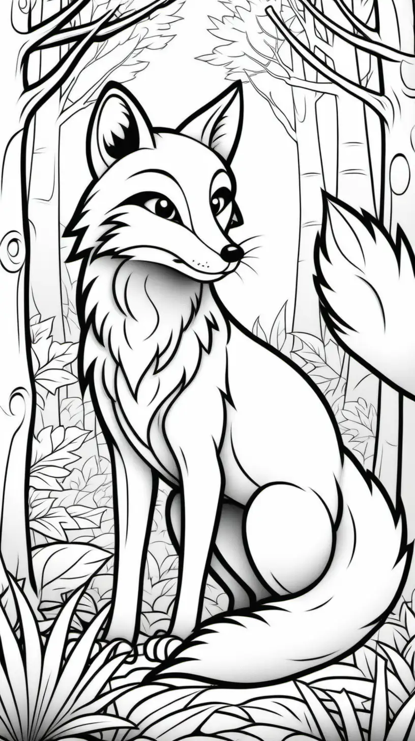 coloring pages for kids, fox in the forest, hight detail, thick lines, cartoon style ar 9:11