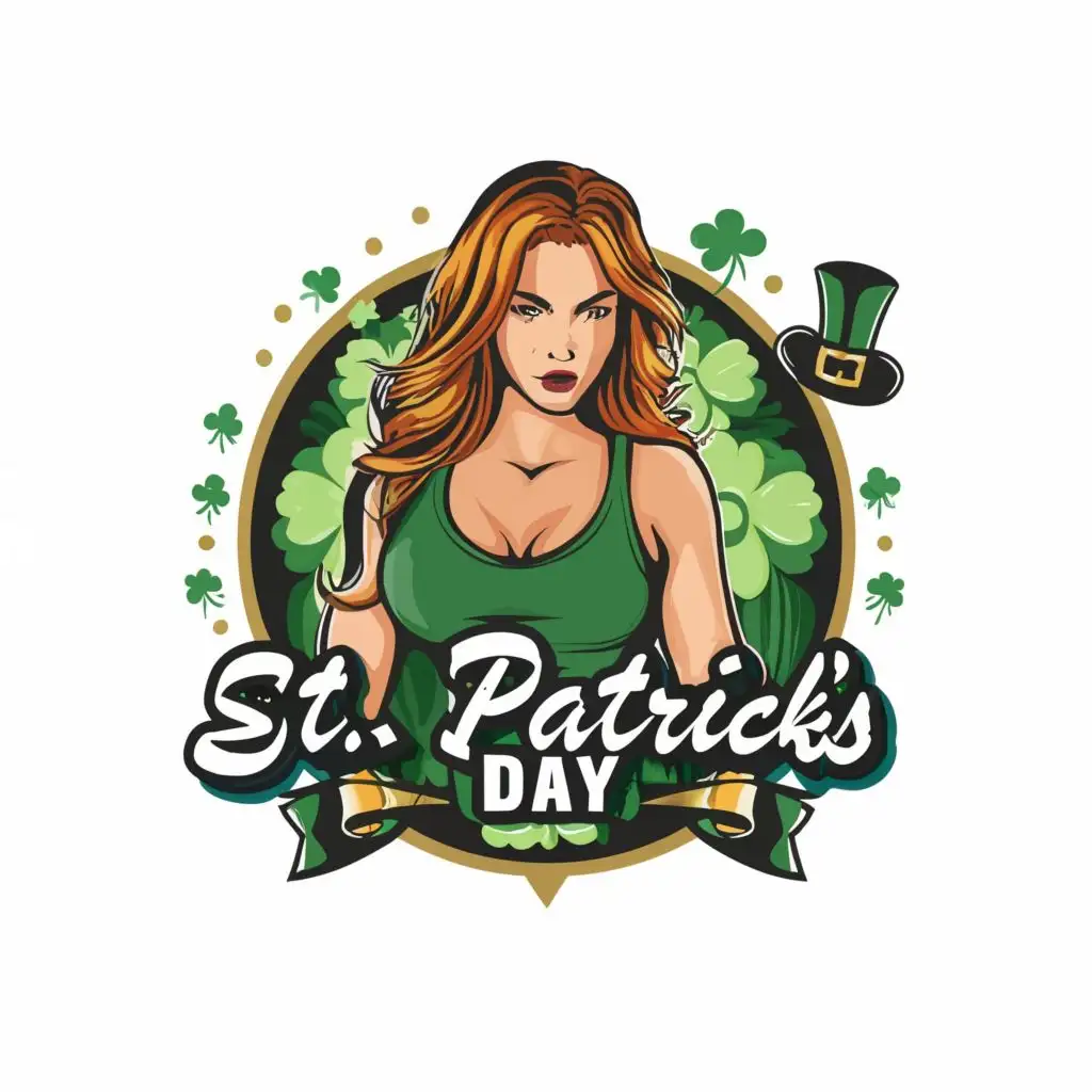 logo, logo t-shirt vector  beautiful woman dressed in the theme colors white background ,Contour, Vector, White Background, ultra  Detailed image , ultra sharp outlined image, no jagged edges,  vibrant colors, typography, with the text "St. Patrick's Day", typography