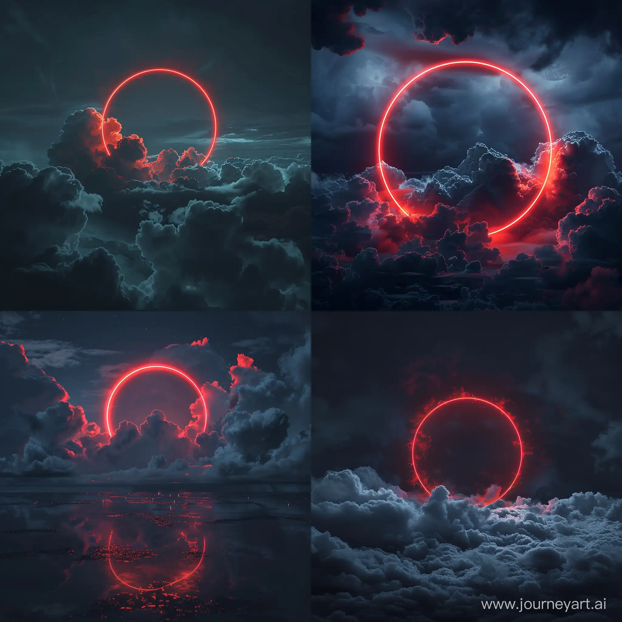 Professional Photography From Cloudy Sky, Neon Red Circle Between Clouds, Night, Realistic Light Reflections, Dark Theme, Extremely Details --v 6.0
