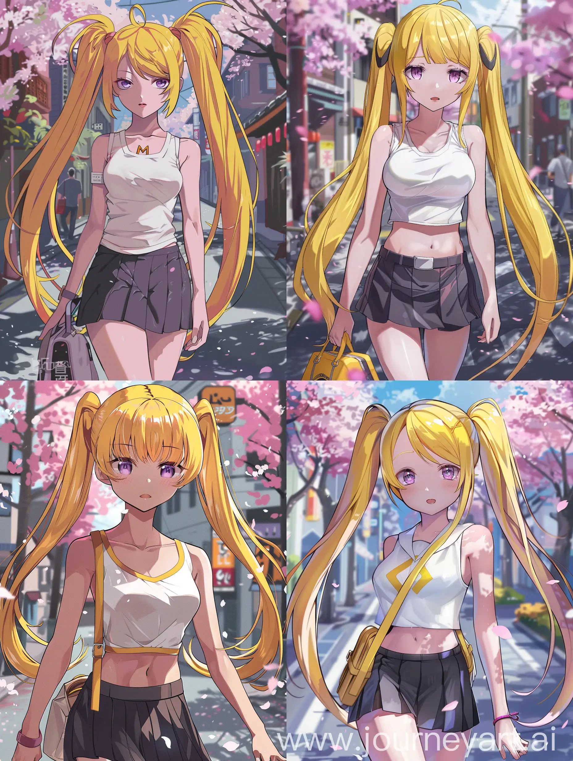 黄色头发的长双马尾女生，m字刘海，淡紫色的眼睛，白色修身无袖上衣，深色小短裙，在有樱花的街道上，背着制服包，画风参考日本动漫，绘制一个全身像