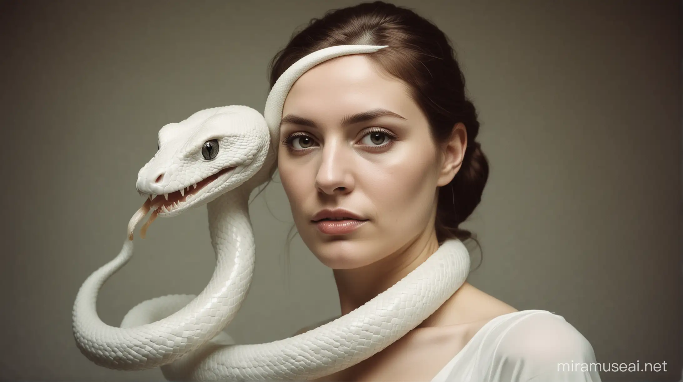 Ethereal Woman with White Snake Face Paint in Meticulous Photorealistic Still Life