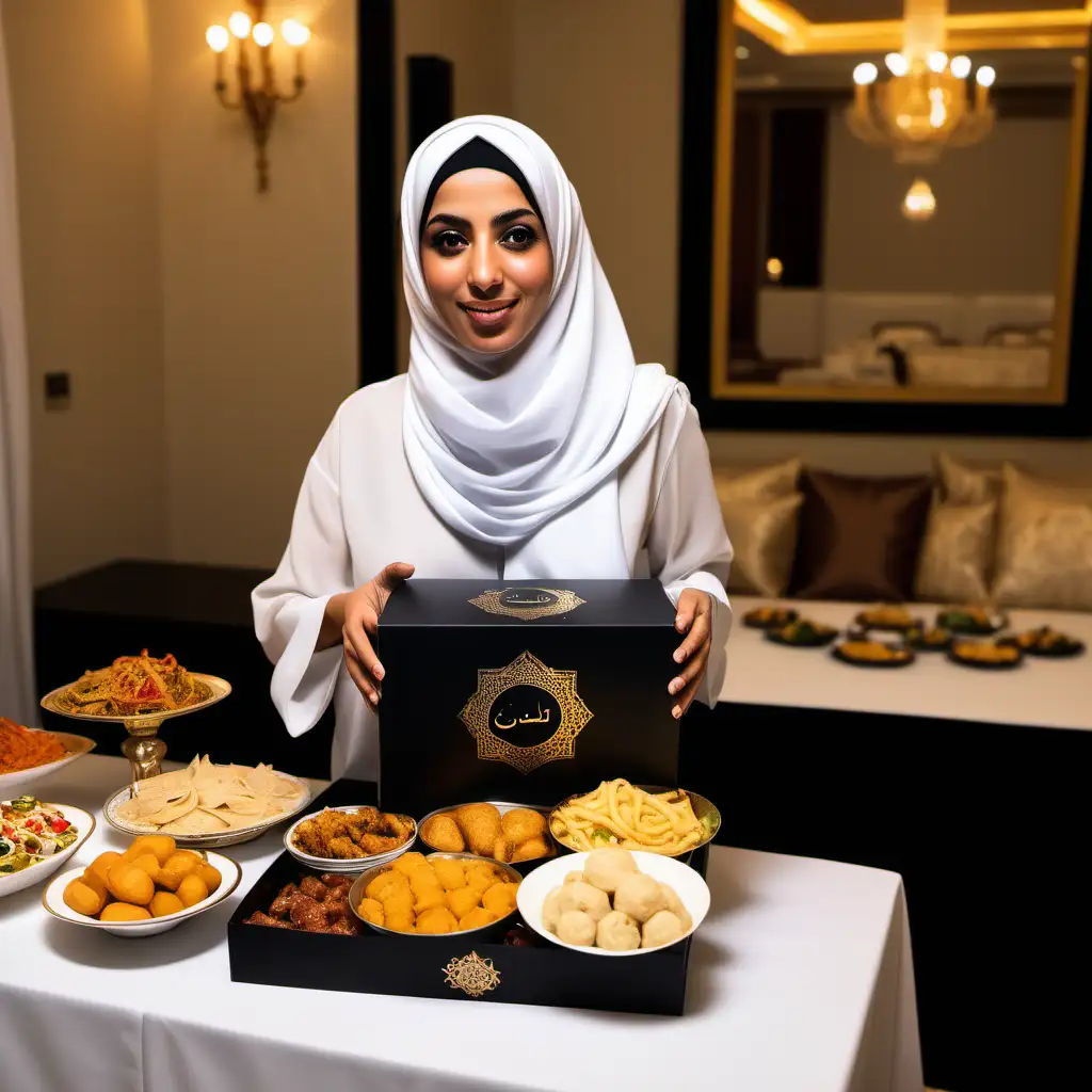 Sarah qatari woman 32 years scarf Sarah places the carton black box gently on the arabic ramadan food table in the center of the luxury room, drawing the attention of her arab family members.