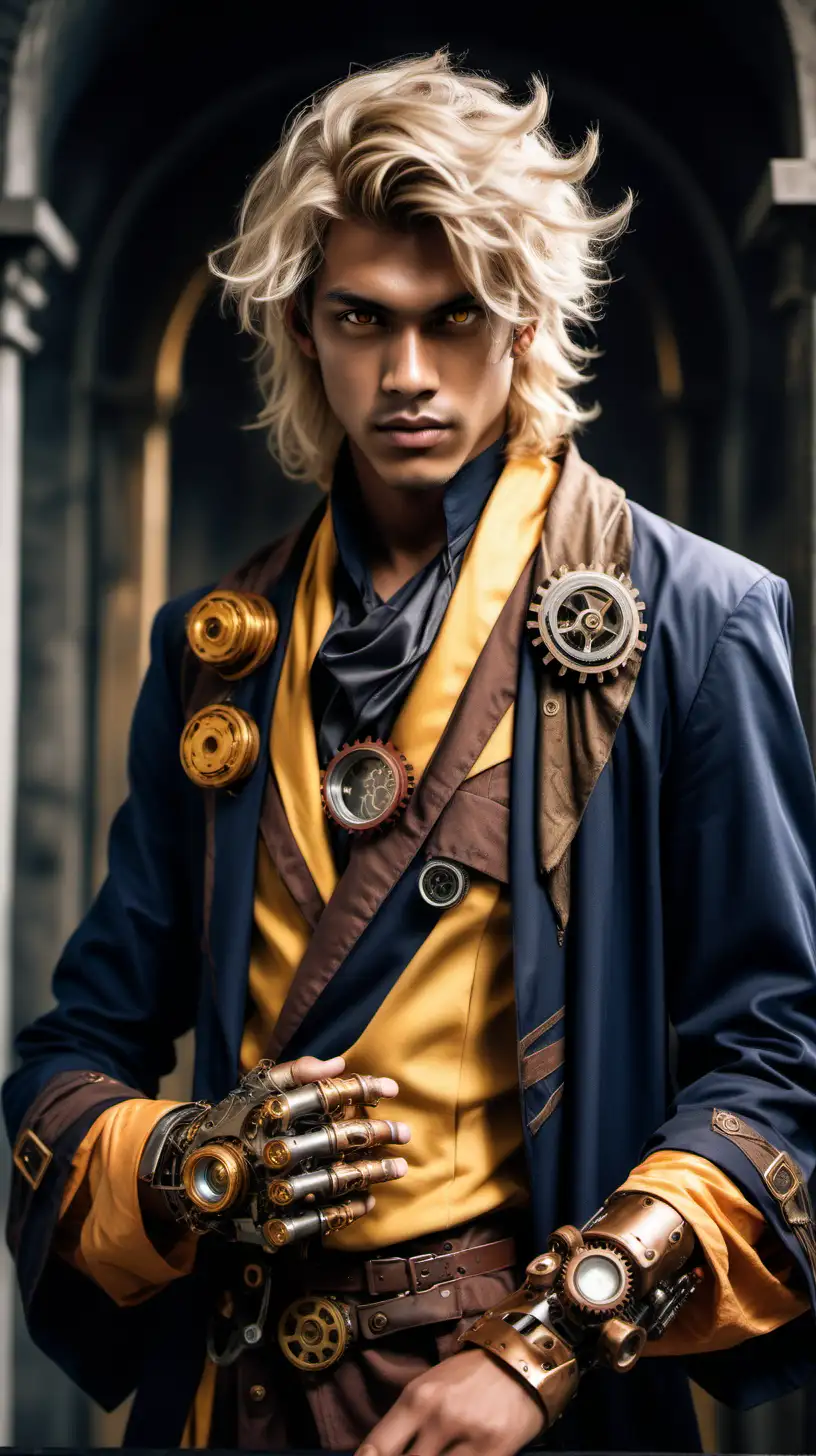 A young man with tan skin, tousled blonde shoulder-length hair and yellow eyes. Sorcerer robes, steampunk mechanical hand.