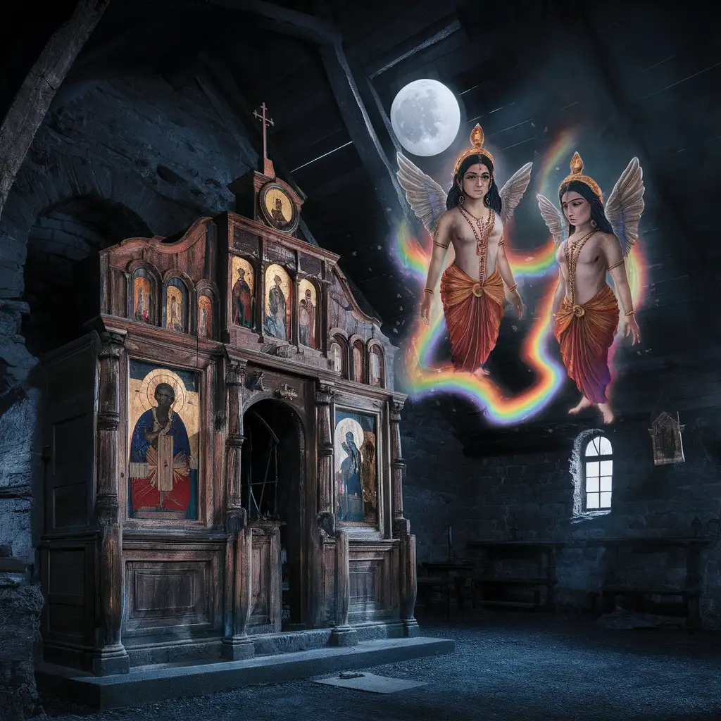 Mystical Night Scene Androgynous Beings and Rainbow Light in an Old Rural Church