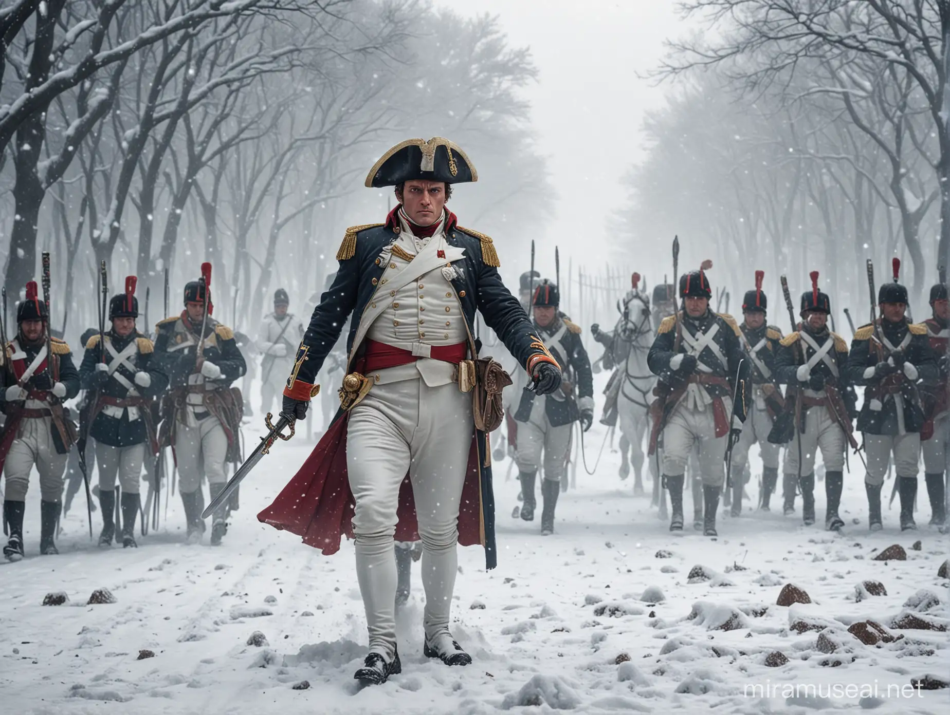 Napoleon holding sword straight up and followed by soldiers walking in winter and extreme snowfall closeup with a realistic face
