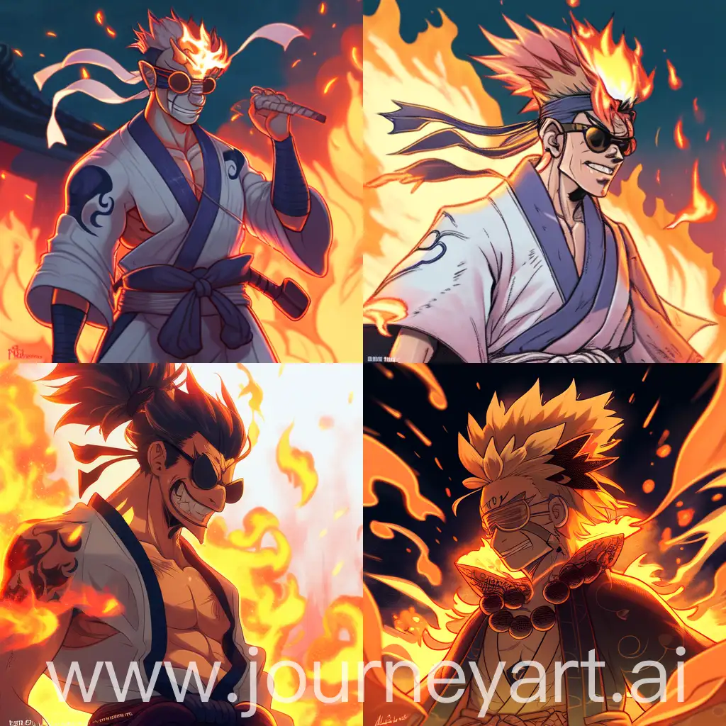 A samurai with his hair tied and wearing sunglasses is standing in the flames and smiling. He has an incredible physique. He is young and thin. We see it from the side, his face is not fully visible. Hand-drawn with a maniacal hell theme