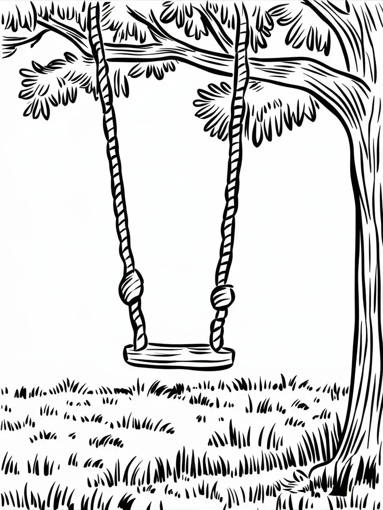 Rope Swing in Field Coloring Page Serene Black and White Scene with Clean Line Art