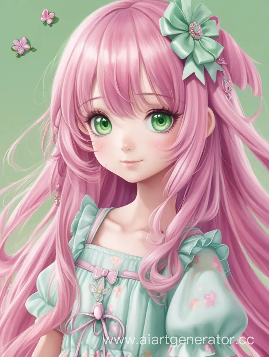 has long, flowing, pink hair that perfectly complements her sparkling, expressive green eyes. She has a petite, delicate frame and is often seen wearing a cheerful and bright expression. wardrobe consists of cute, pastel-colored dresses and skirts, with matching accessories like hair ribbons or bows. She loves to wear flower-patterned outfits that reflect her bubbly and sweet personality.