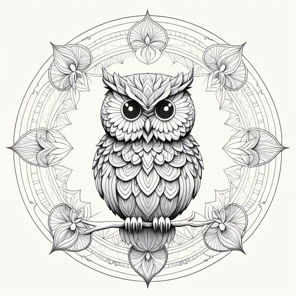 line drawing, owl silhoutte, simple mandala pattern