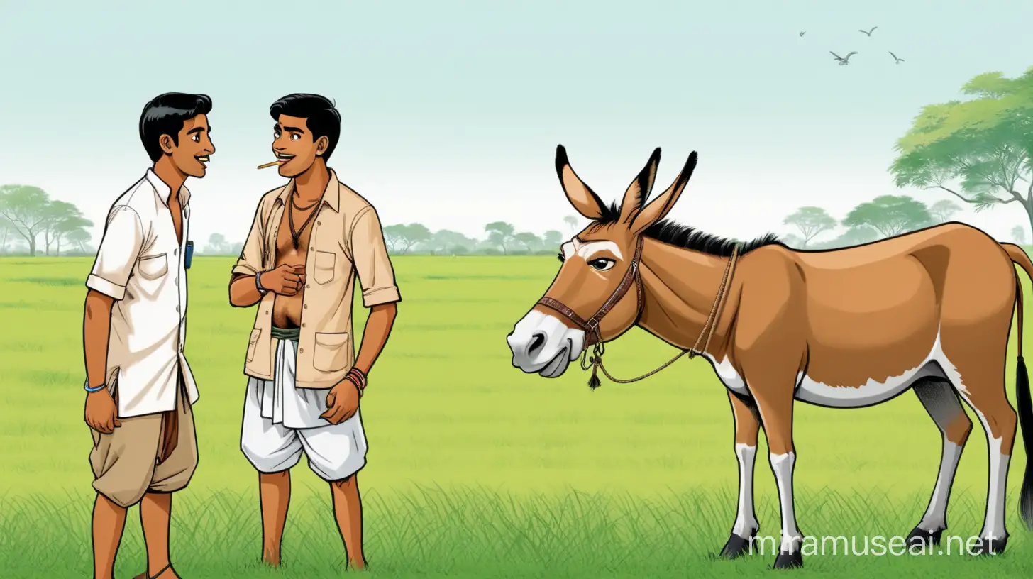 Two Bengali young men talking in a grass field with a mule in background. Please make the image cartoon type.