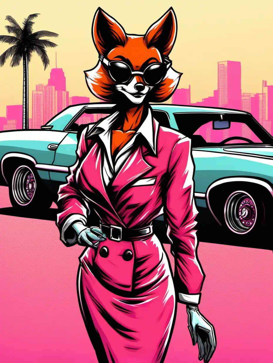 Retro Style Anthropomorphic Fox Lady in GTA Vice City Drawing