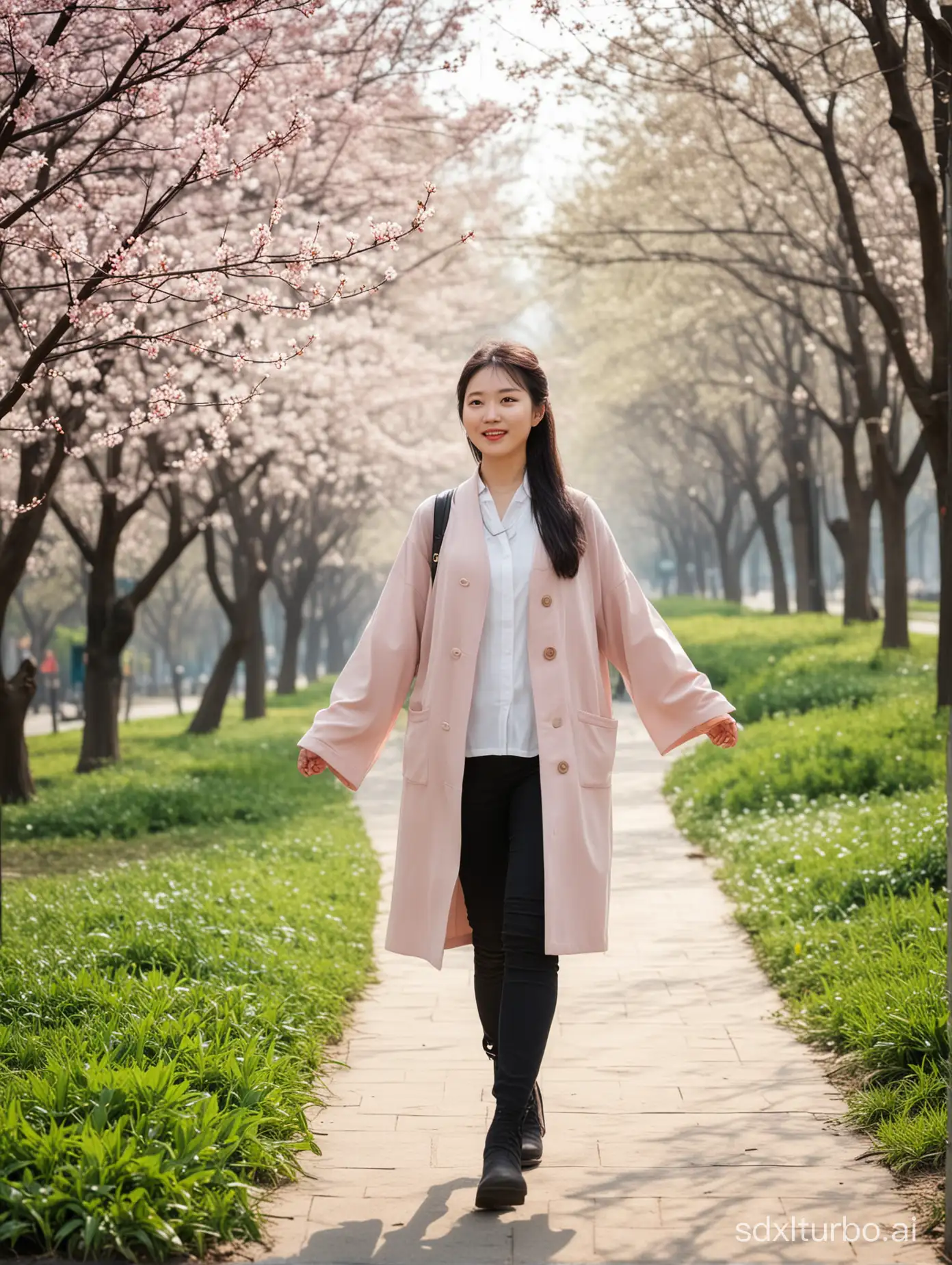 A 34-year-old girl named Jiangyang is walking in the park in spring.