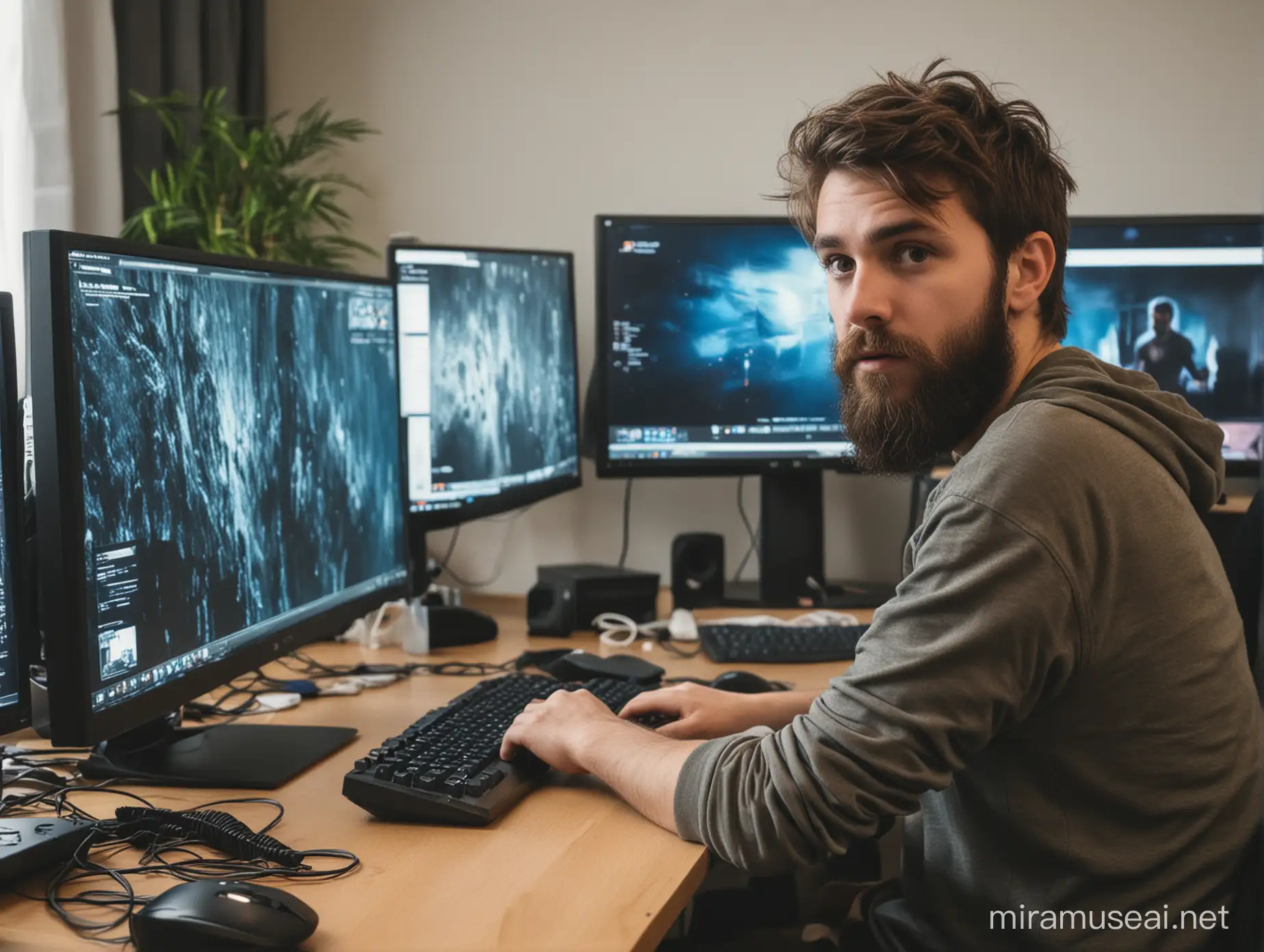 Bearded Boy in Front of Two Monitors Unfocused