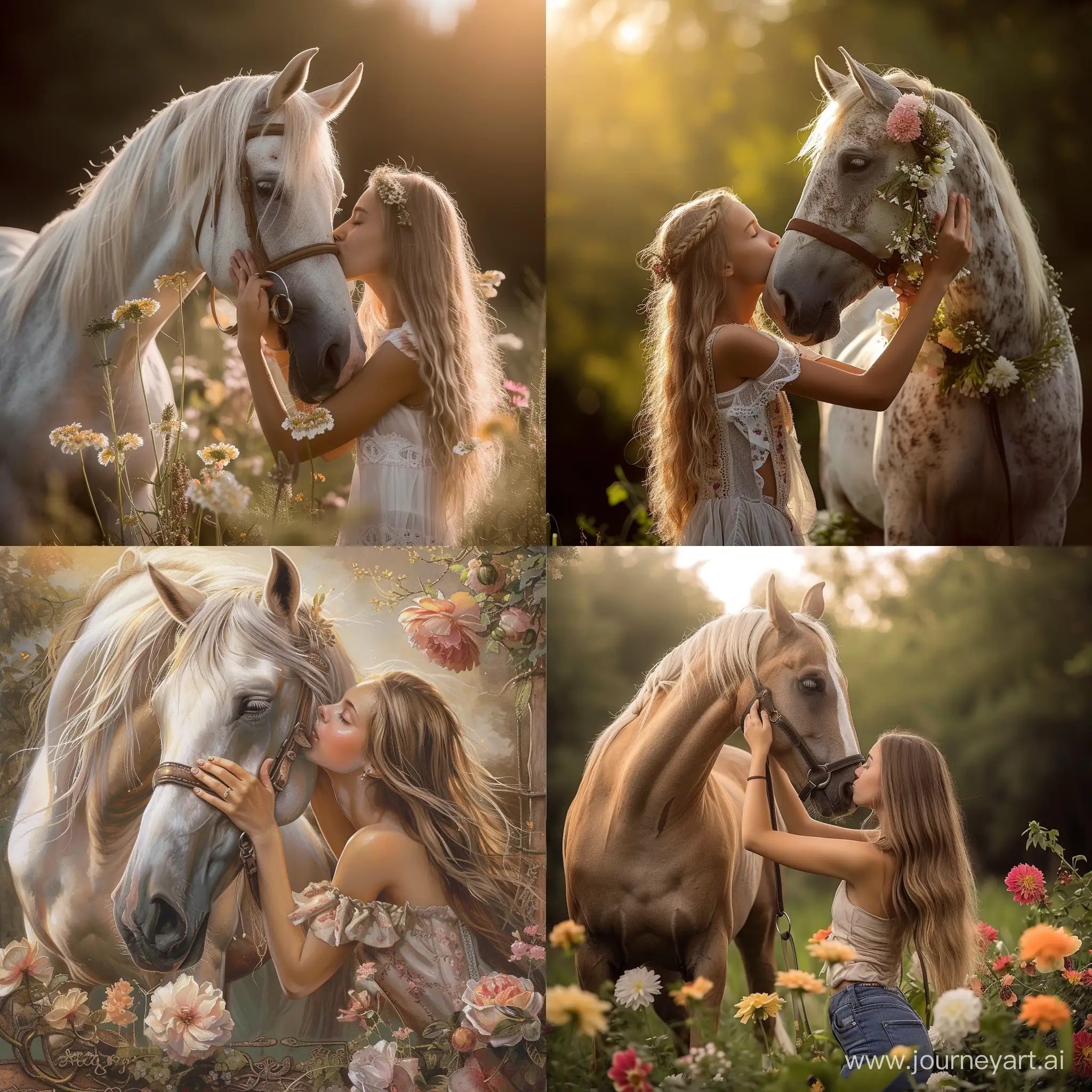 Graceful horse, flowers, girl stroking horse, kissing it  --v 6 --ar 1:1 --no 54791
