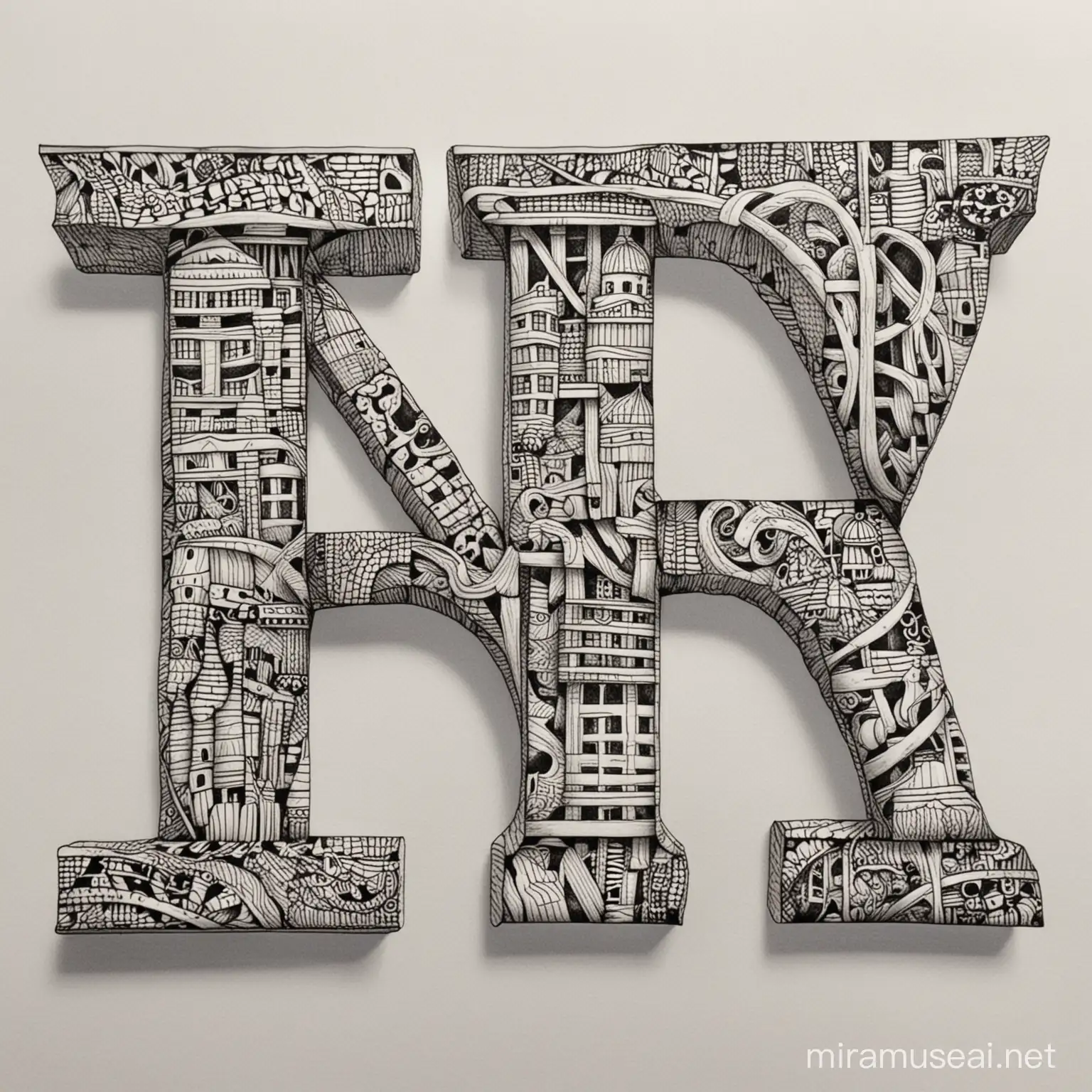 create a zentangle design for letter "N" written with shapes of building structures
 
