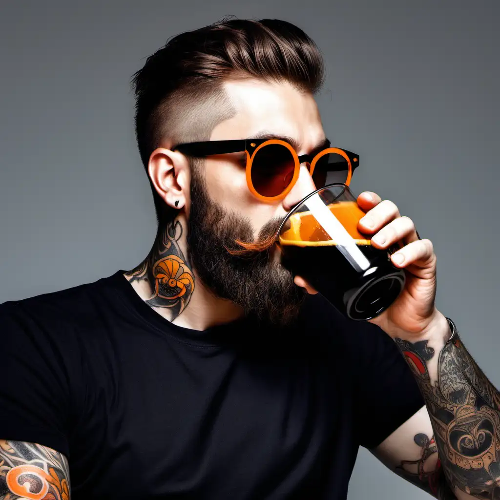 Stylish Man Enjoying Coffee Break with Tattoo and Sunglasses