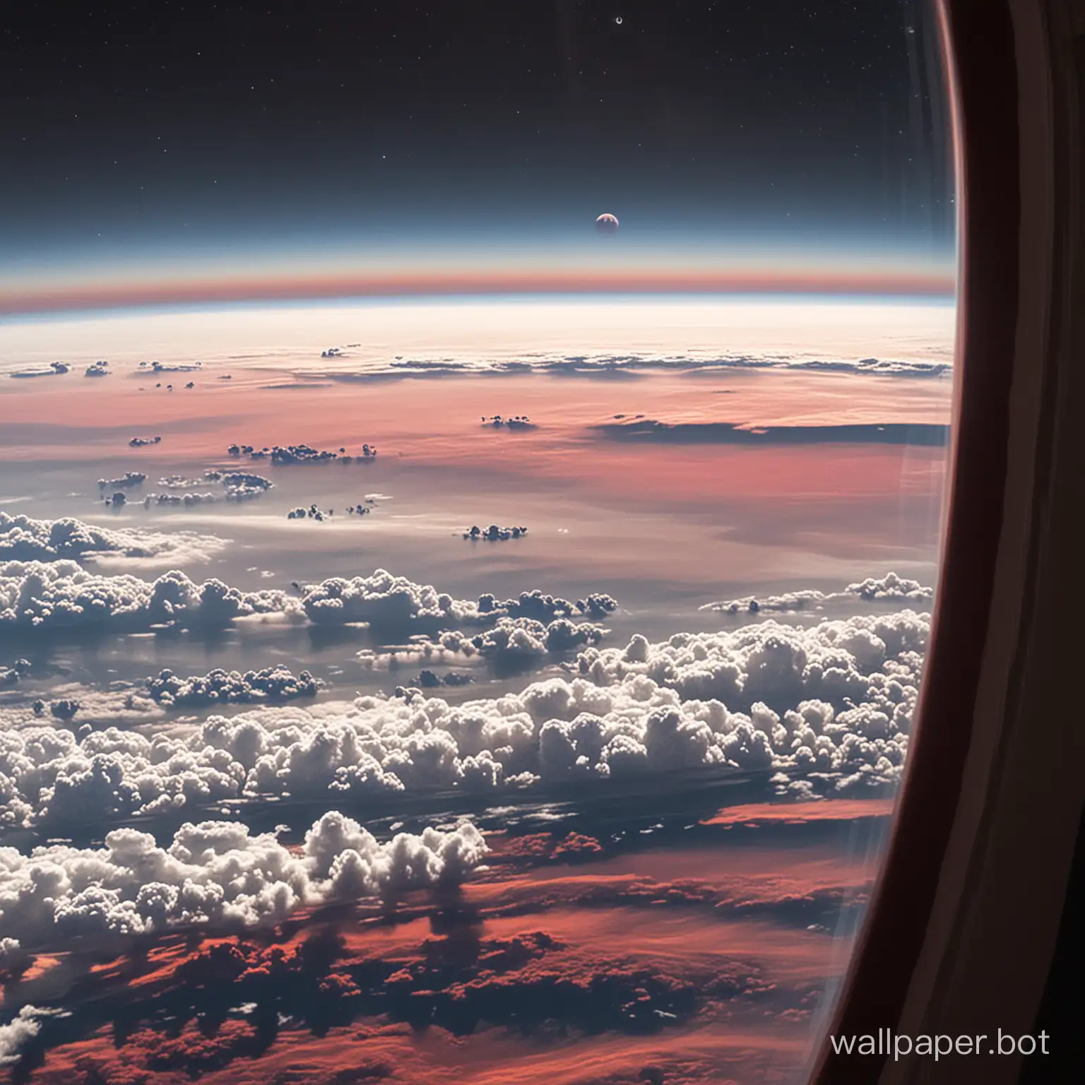 A view of a red and white planet with clouds across the planet's surface from a large window