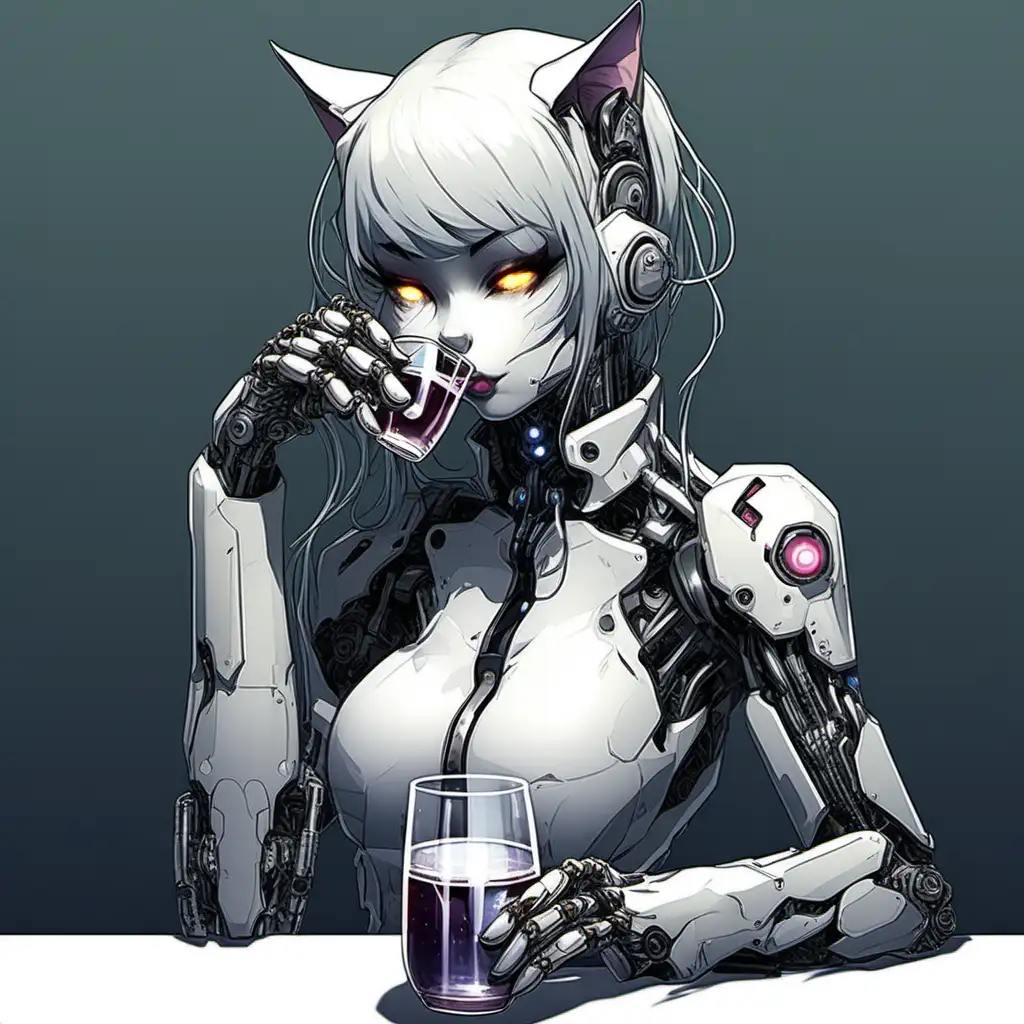 Sad cyborg cat girl having a  drink