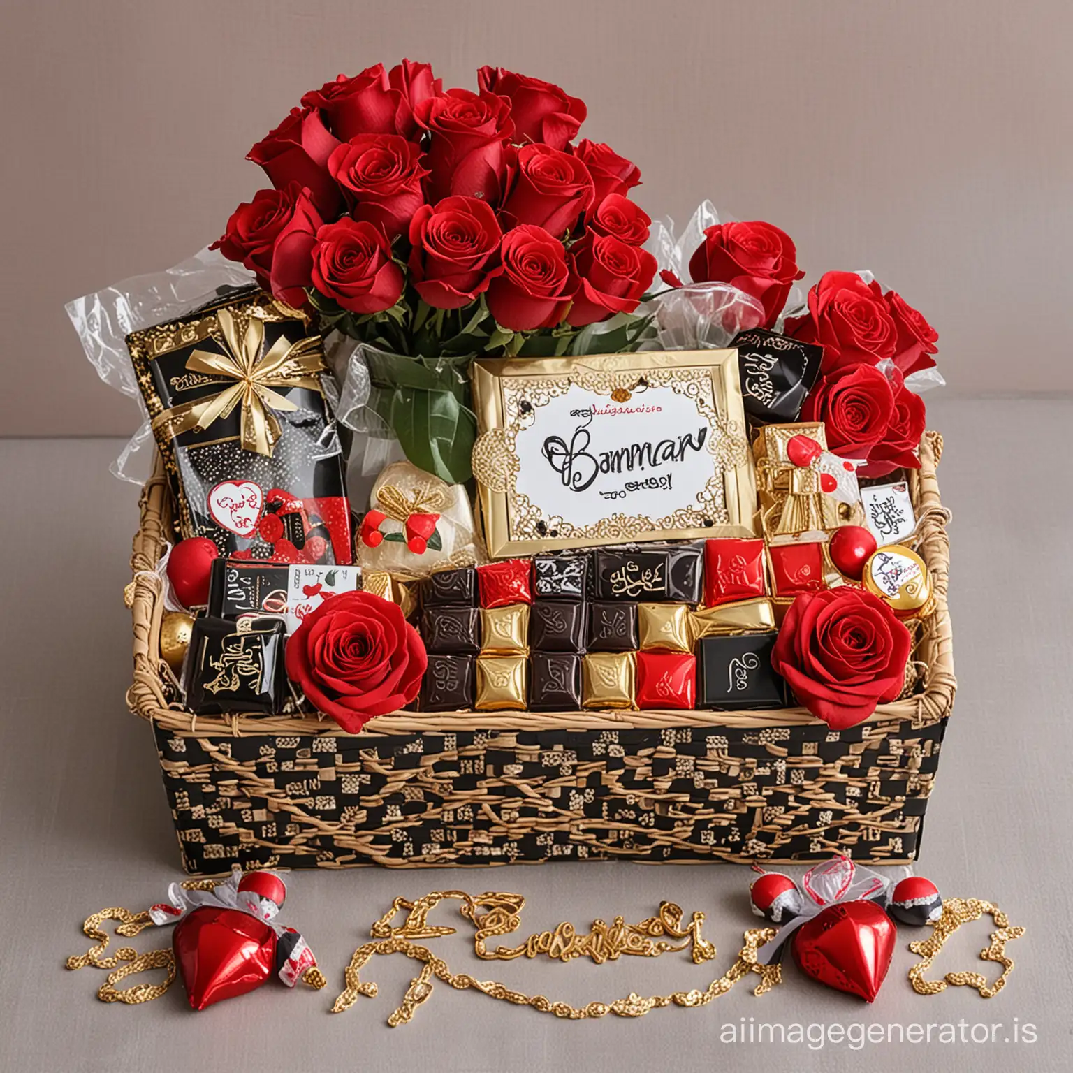 Eid gift basket with red and black roses , chocolates, bangles for girls and with name Eman written on it