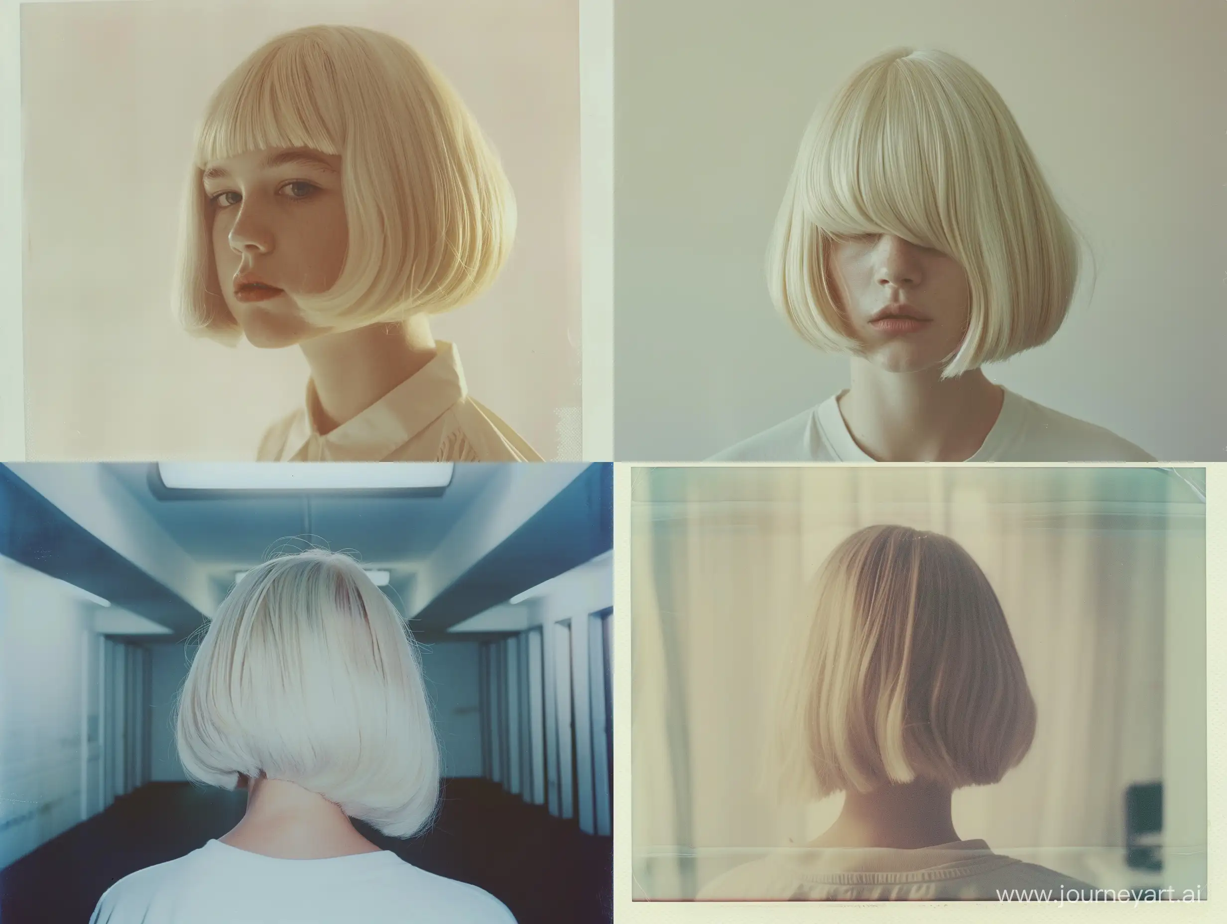 Minimalist-Blonde-Bob-Hairstyle-in-a-White-Dystopian-Setting