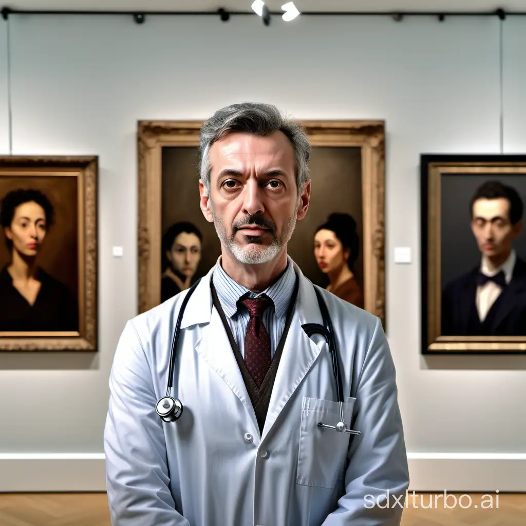 Highly realistic photograph of a doctor standing in an art gallery with paintings of different people hanging in the background facing towards the camera, highly detailed face symmetrical