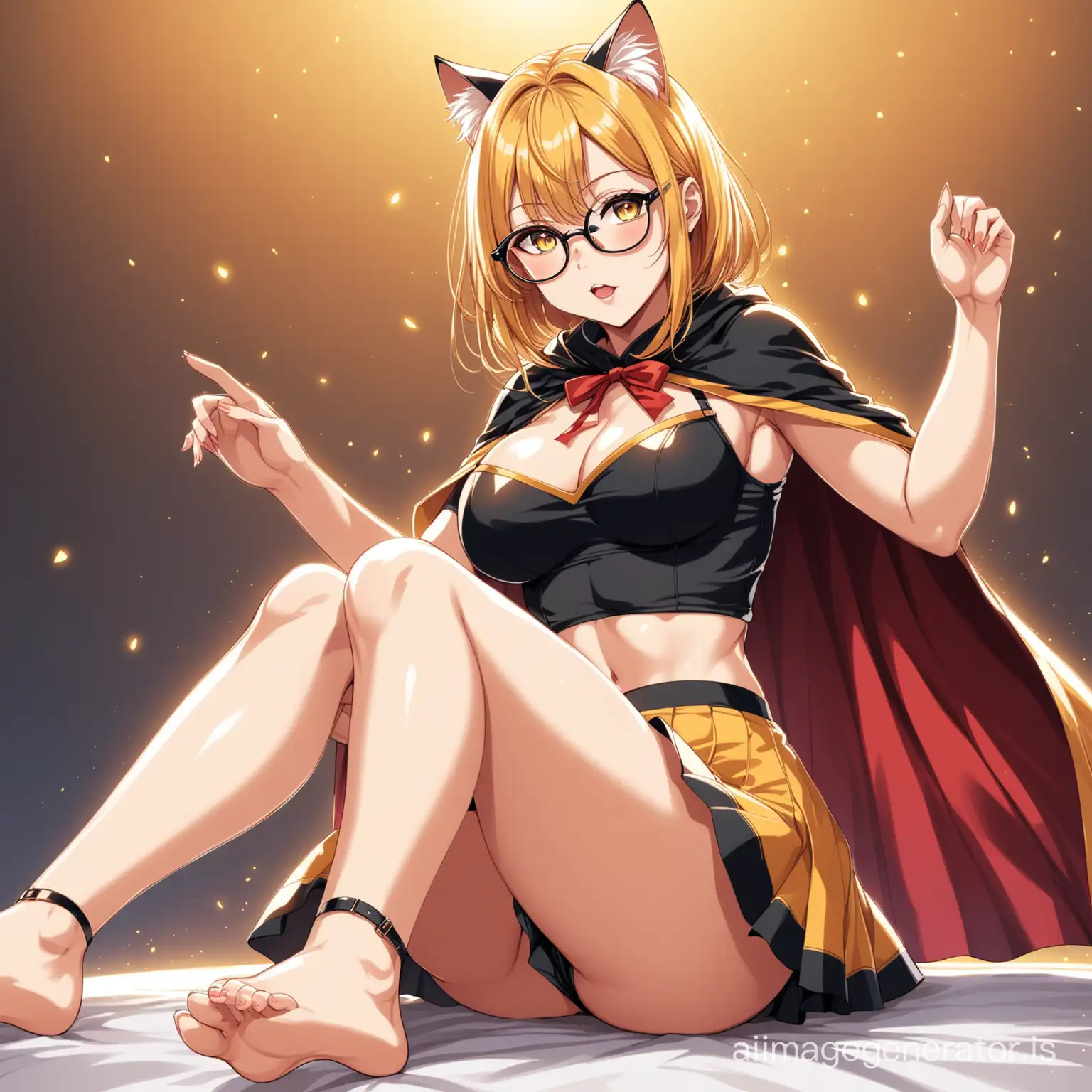 hot anime girl in a sexy croptop and skirt wearing a cape reaching her feet and a pair of cat eye spectacles