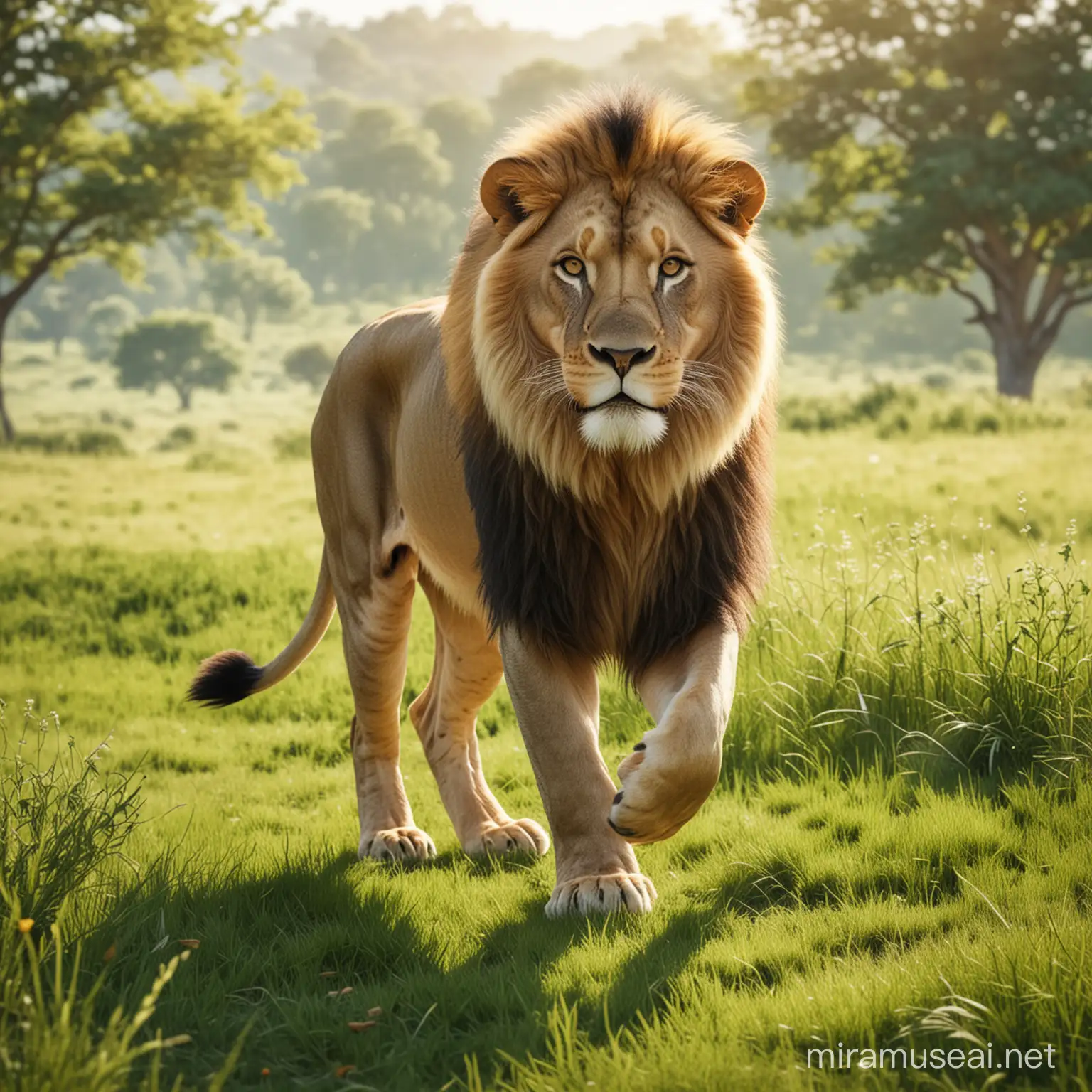 create realistic picture of LION in the foreground walking on the green meadow in sunny day