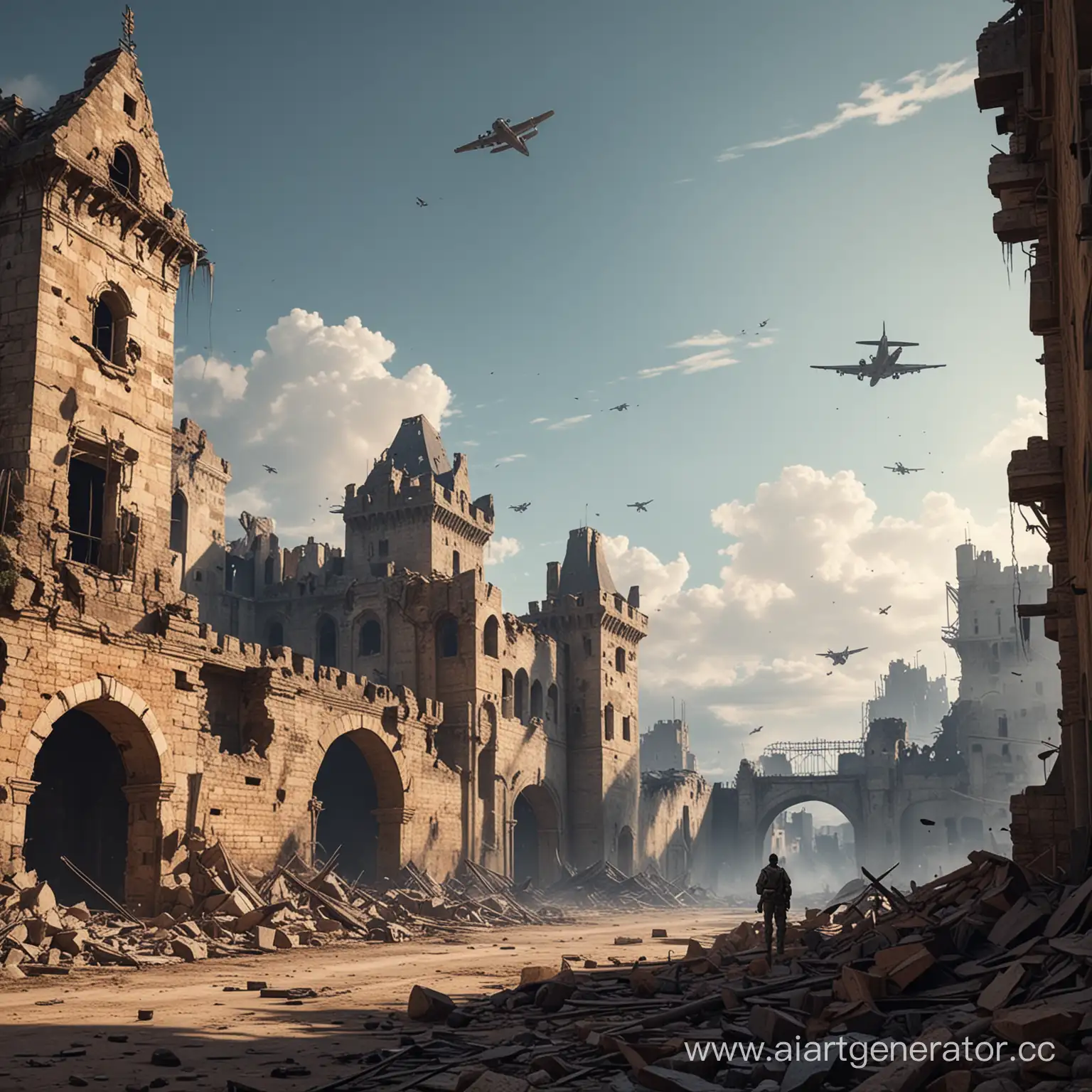 Нарисуй мне военный фон для заставки игры. Без людей, на фоне разрушенного замка. сверху летят бомбардировщики