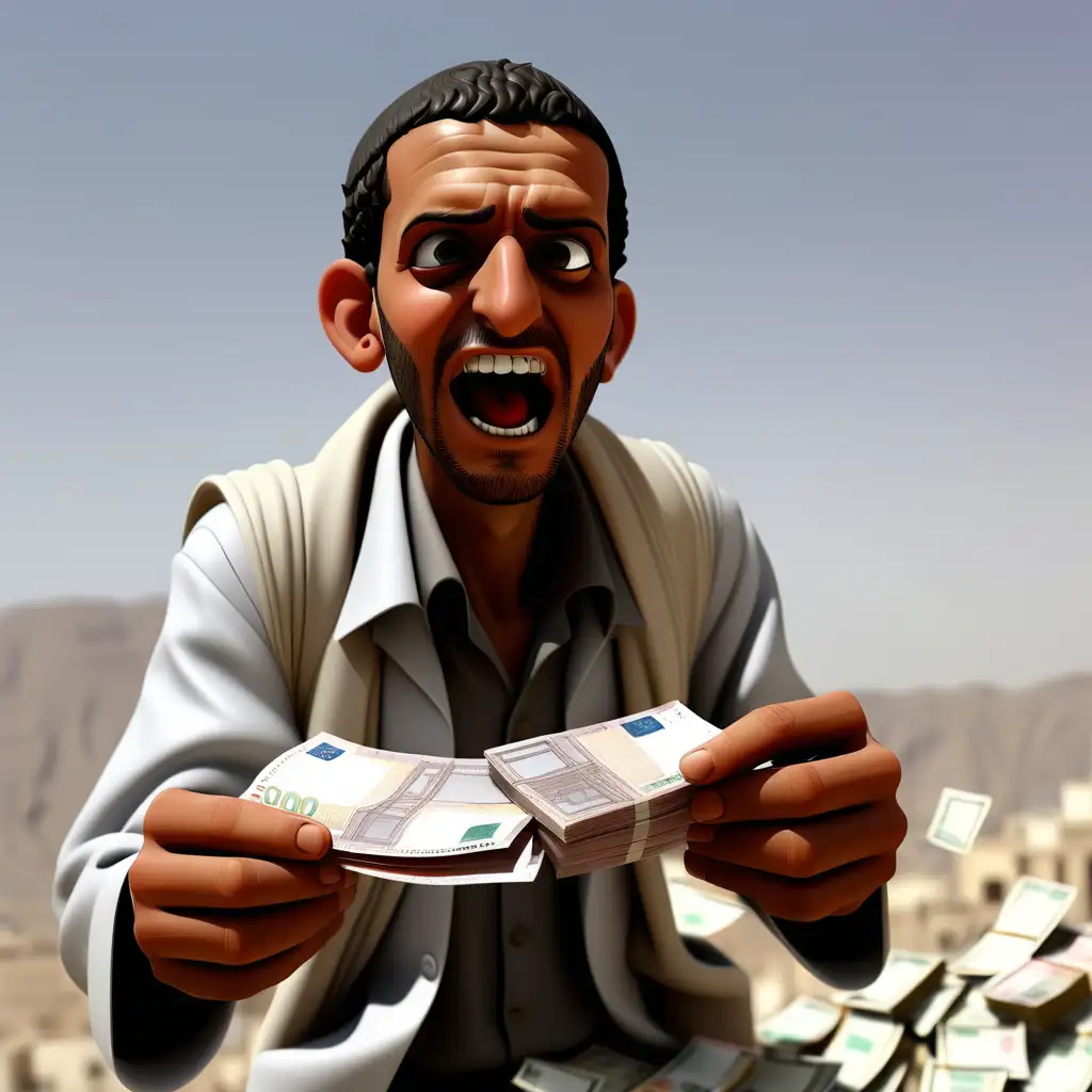Yemeni Man Surrounded by Flying 500 Euro Bills Prosperity and Currency Concept