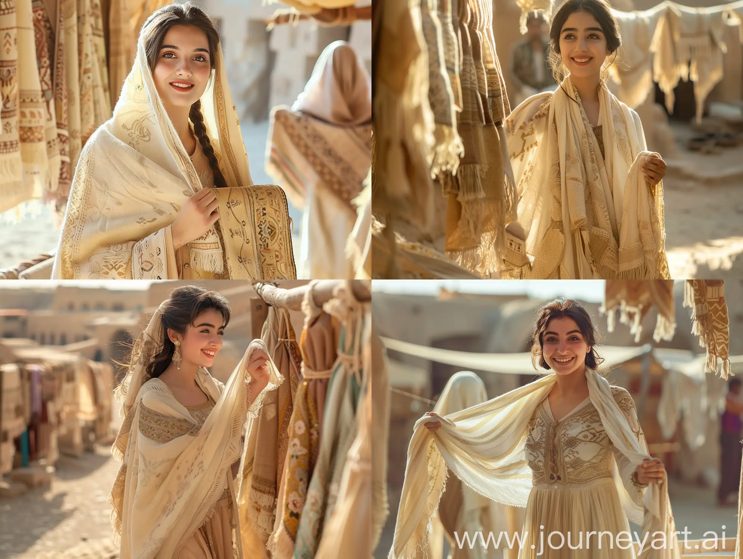 A beautiful young Persian woman in a traditional dress and a cream-colored shawl, happily is selling shawls she has woven in the Arg Bam Bazaar in the Persian Empire. The rest of the marketers are also like this. in a desert, in an ancient civilization, cinematic, epic realism,8K, highly detailed, medium shot, upper body, glamour lighting, natural lighting, backlit
