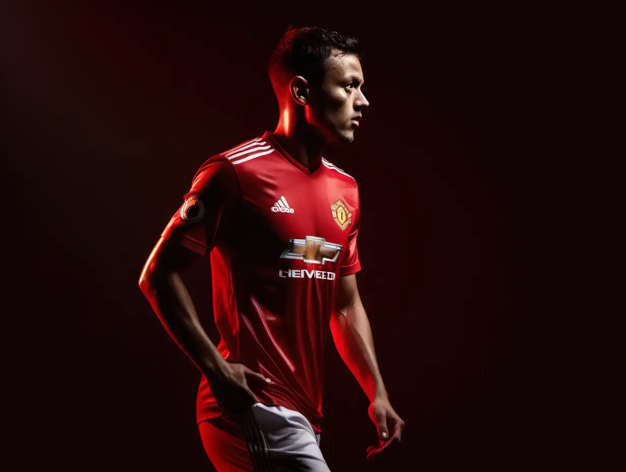 Manchester united player, walking towards light, front lit, dark red studio background, dramatic lighting, shot from a side view, low dynamic angle.
