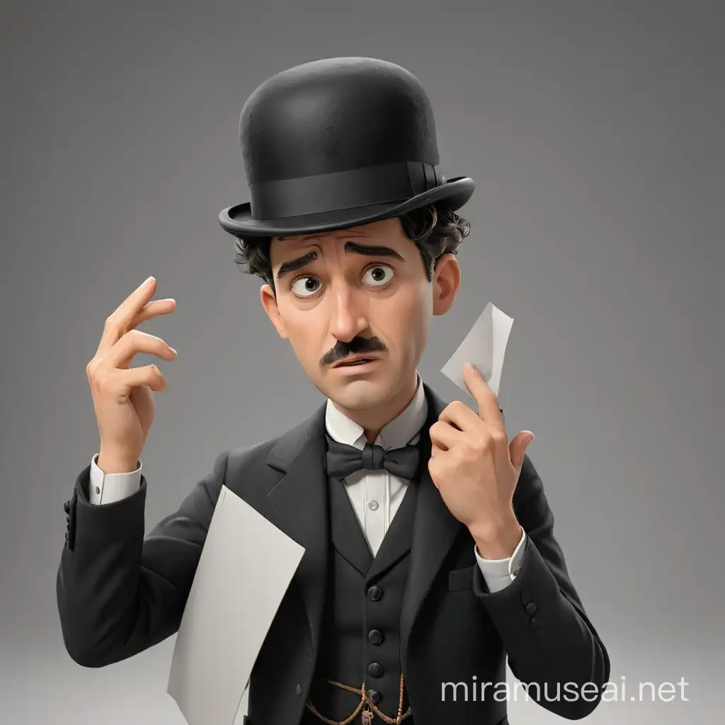 Charlie Chaplin sad holding a large sign, taking off his bowler hat Image in the style of realism 3d animation,5 fingers on each hand