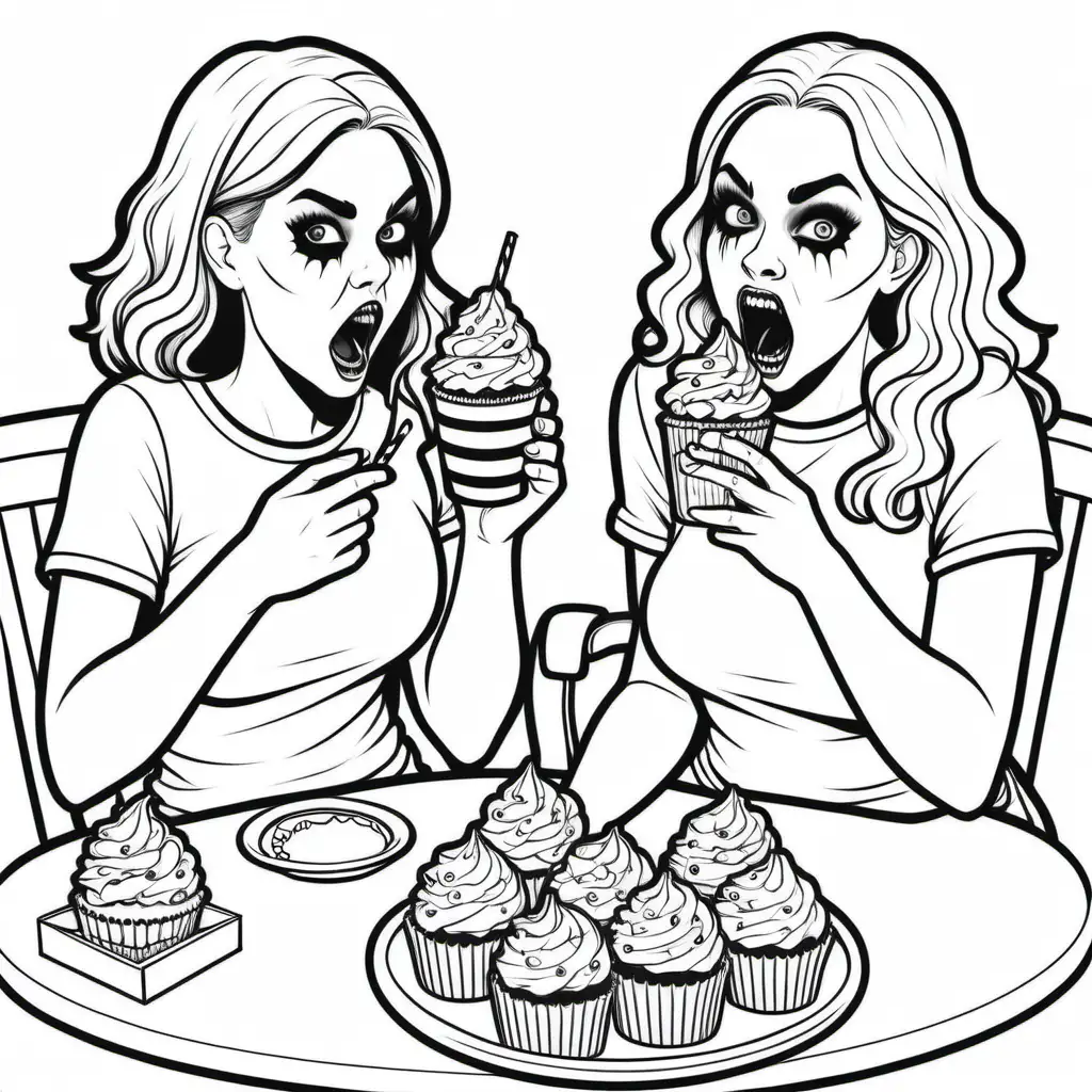 a simple black and white coloring book outline of young women being scary and eating halloween cupcakes and drinking sodas, for coloring