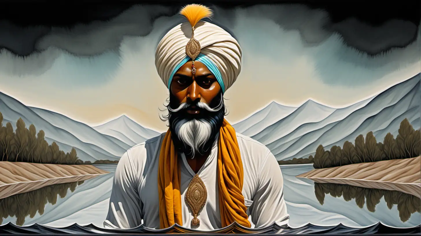 Sikh warrior with no bindi or mark on his forehead, wearing sikh turban, with all his hair covered by the turban, Sikh's five articles of faith — kesh (unshorn hair), kanga (small comb), kara (steel bracelet), kirpan (religious article resembling a knife), and kachera (white soldier-shorts), serene background, watercolor, intricate details, art landscape mirrored on water's surface below, colour scheme centred on vibrant cream, white, ochre, aqua against a stark black, black negative space, backdrop, chiaroscuro enhancing the intricate details, in a digital Rendering “v6”