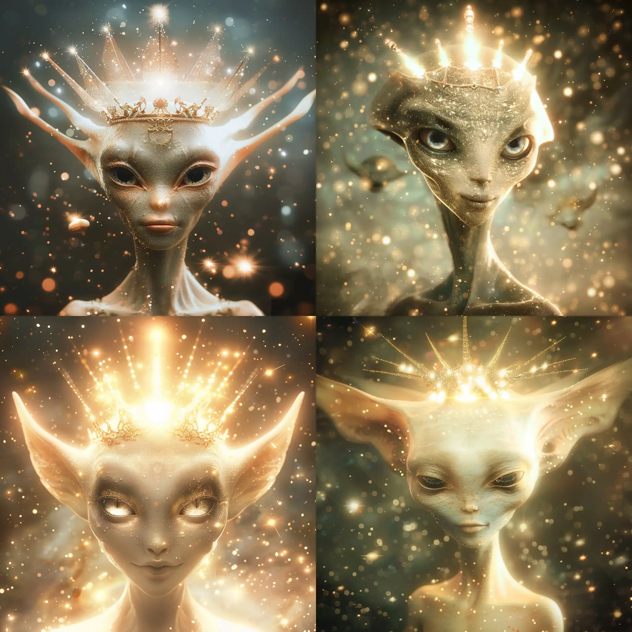 A benign humanoid alien king with kind eyes and a crown made of pure light. A background of stars. Beautiful magical mysterious fantasy etheral highly detailed